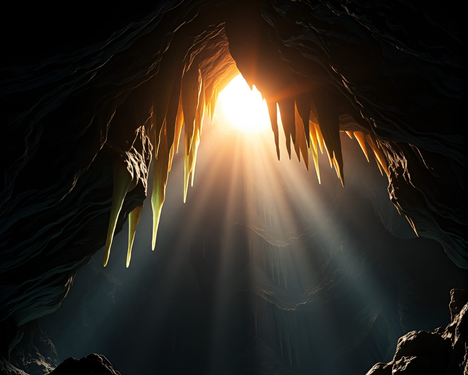 Glowing cave formations under sun glares in flat design