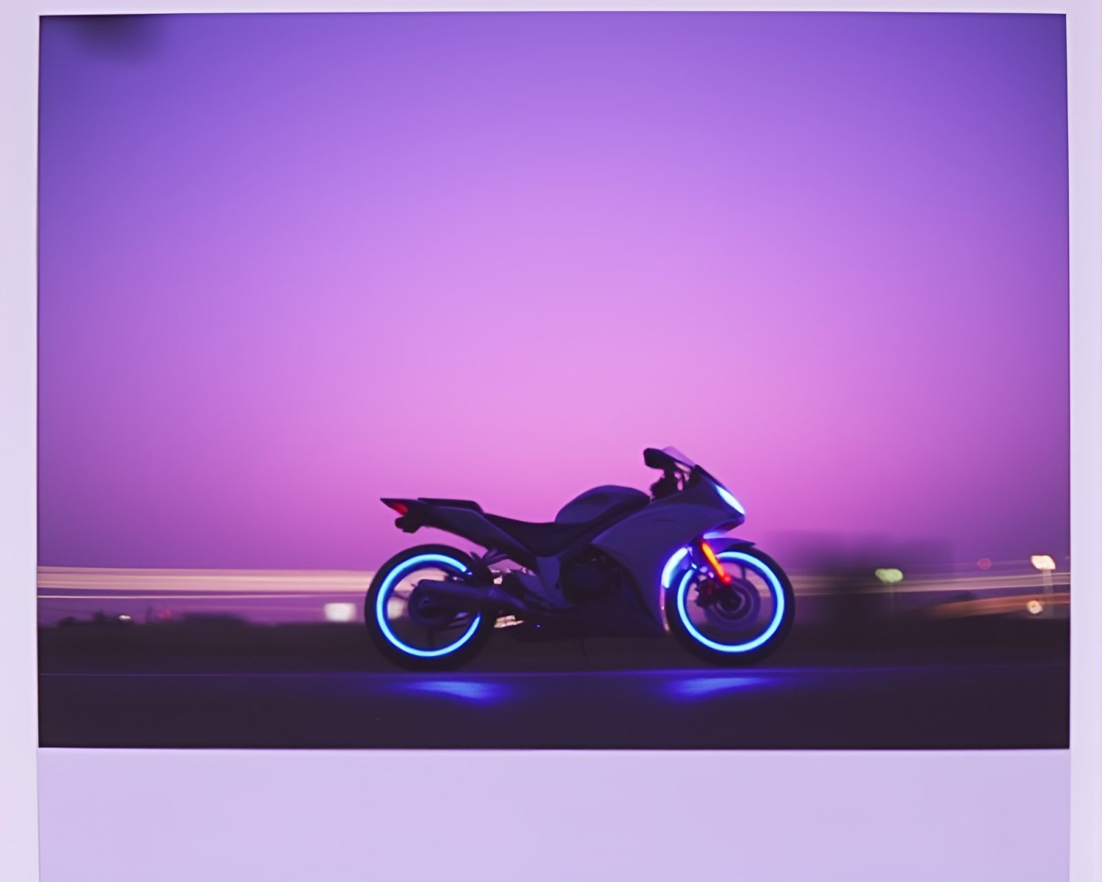 Hoverbike at dusk surrounded by circles in Polaroid style
