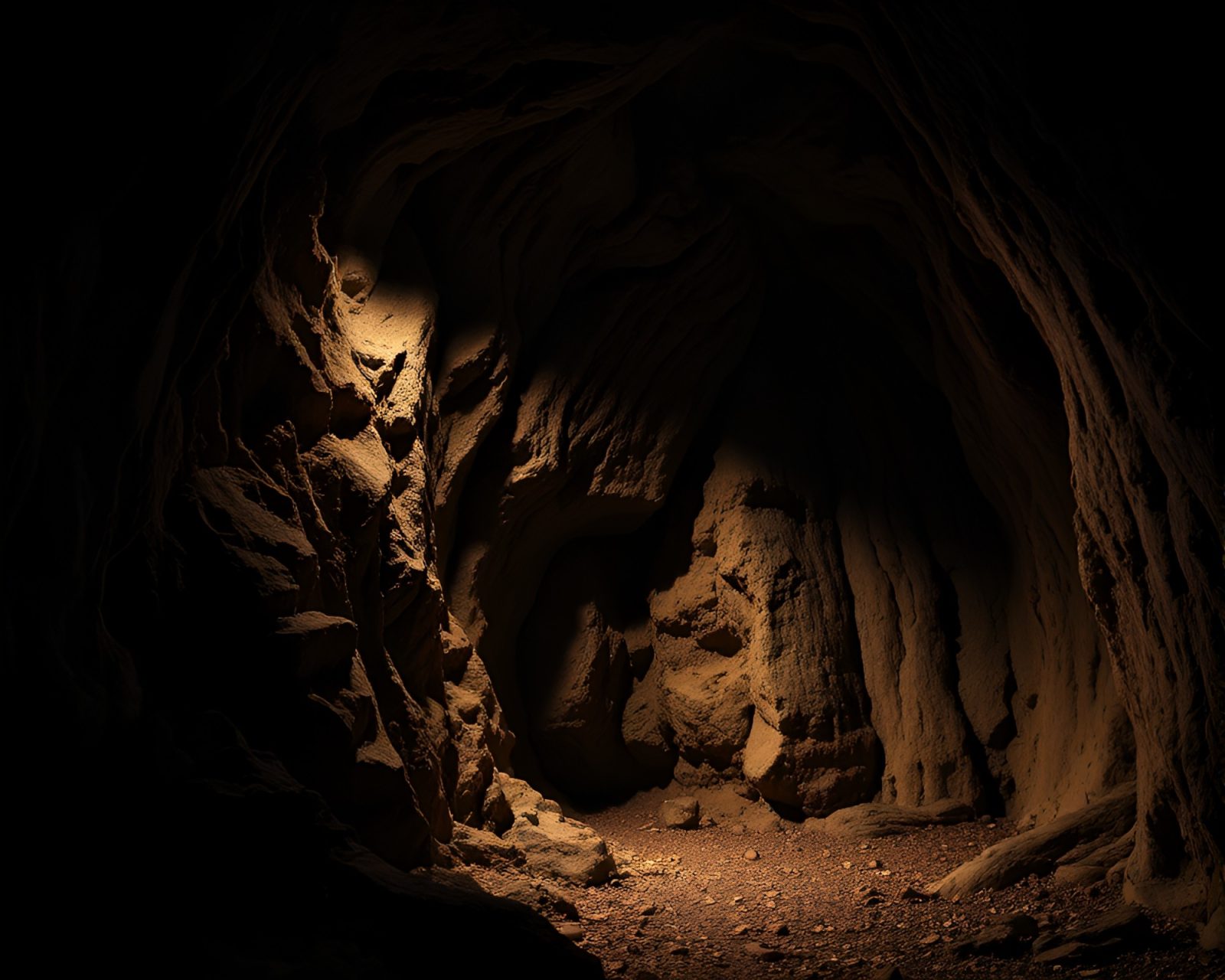 A dark basement scene with intricately carved wood calligraphy on a cliff