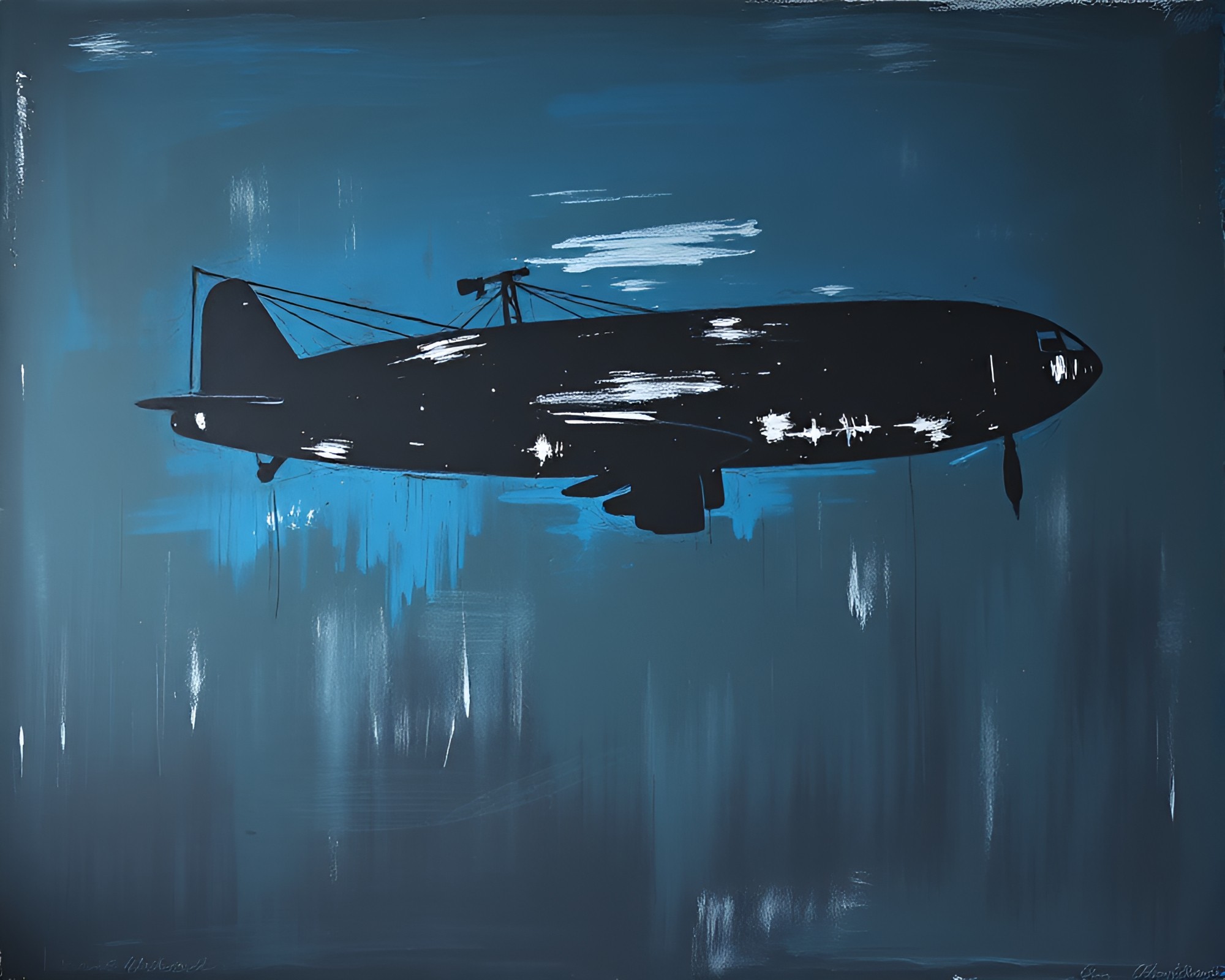 Chalkboard Zeppelin Soaring through Paint Splatter Sky – free AI stock image