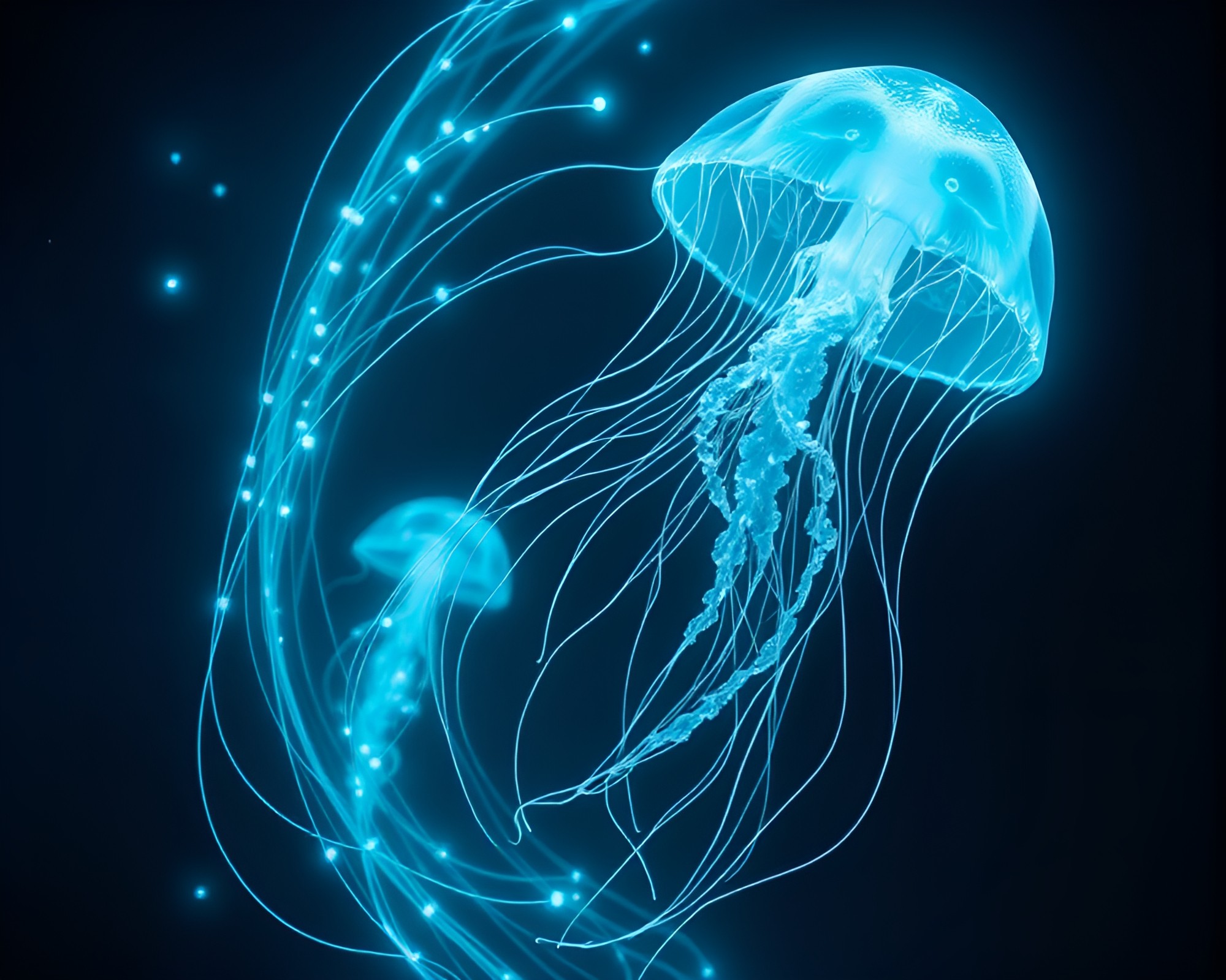 Bioluminescent Jellyfish in Teal Botanical Light Trails – free AI stock image
