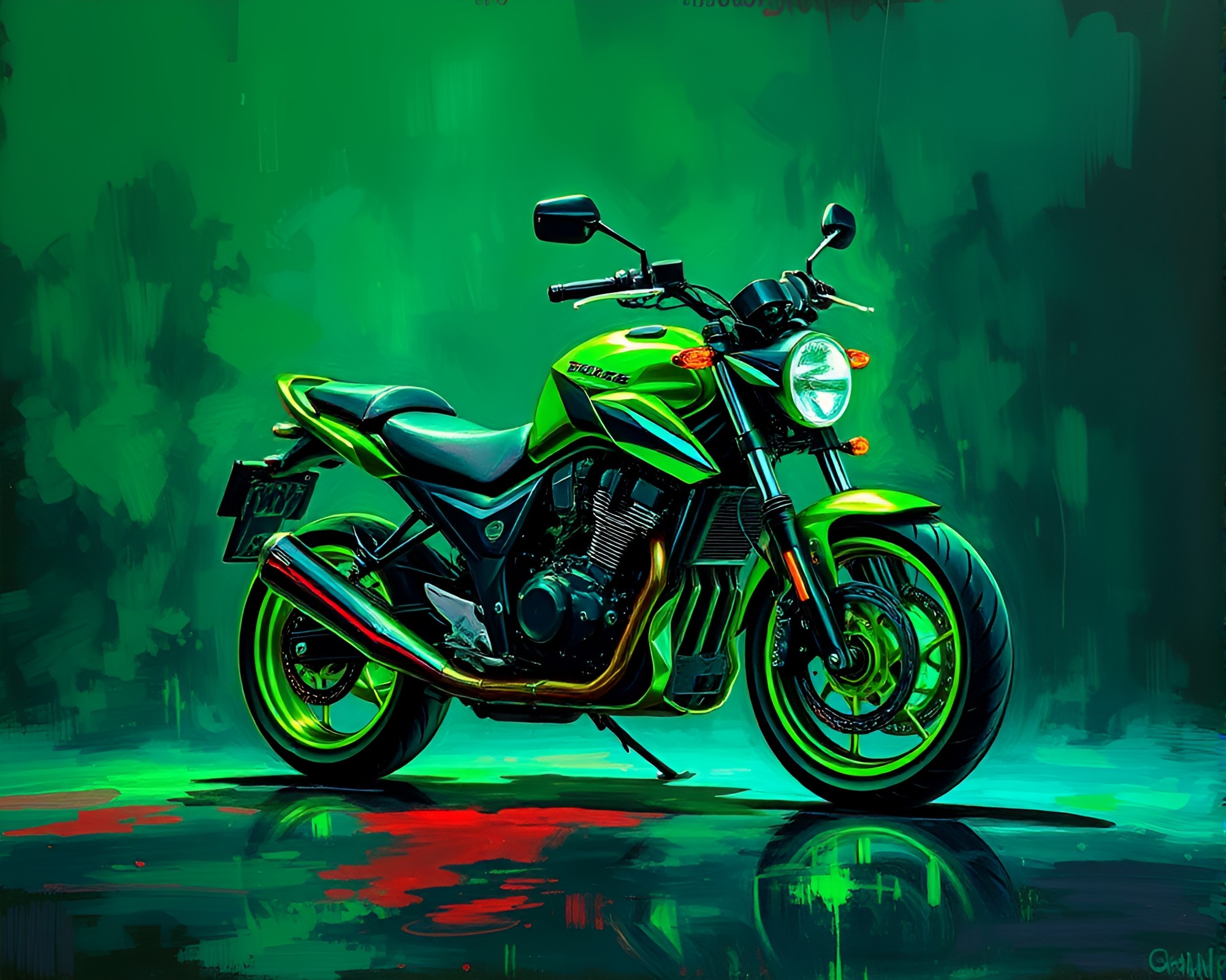 Neon Motorcycle in Emerald Green Impressionist Composition – free AI stock image