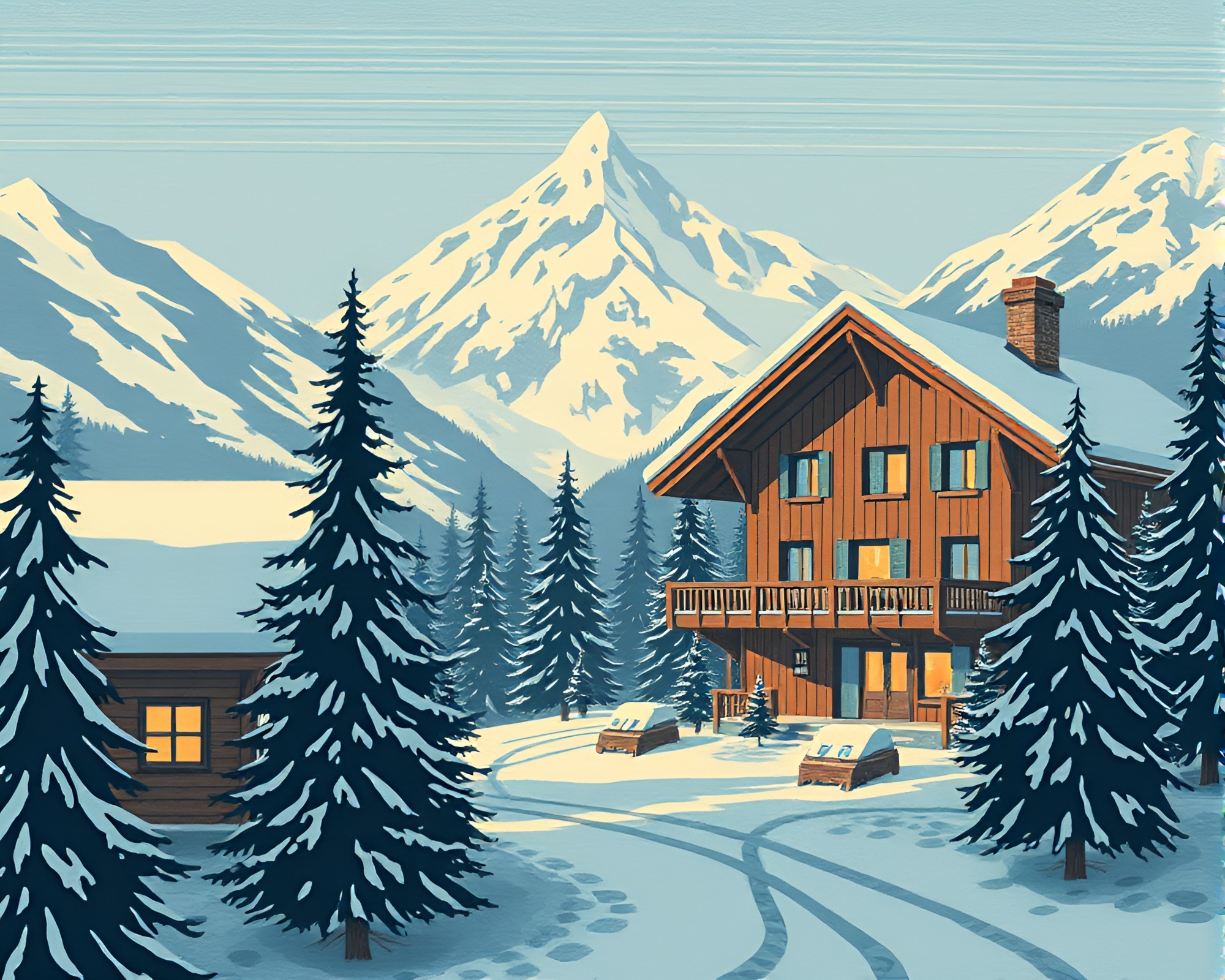 Alpine Chalet in Soft Shadows: 16-Bit Woodblock Print Art – free AI stock image