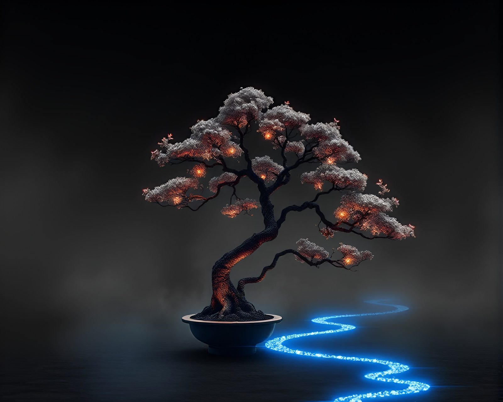 A mystical bonsai tree surrounded by floating blue embers