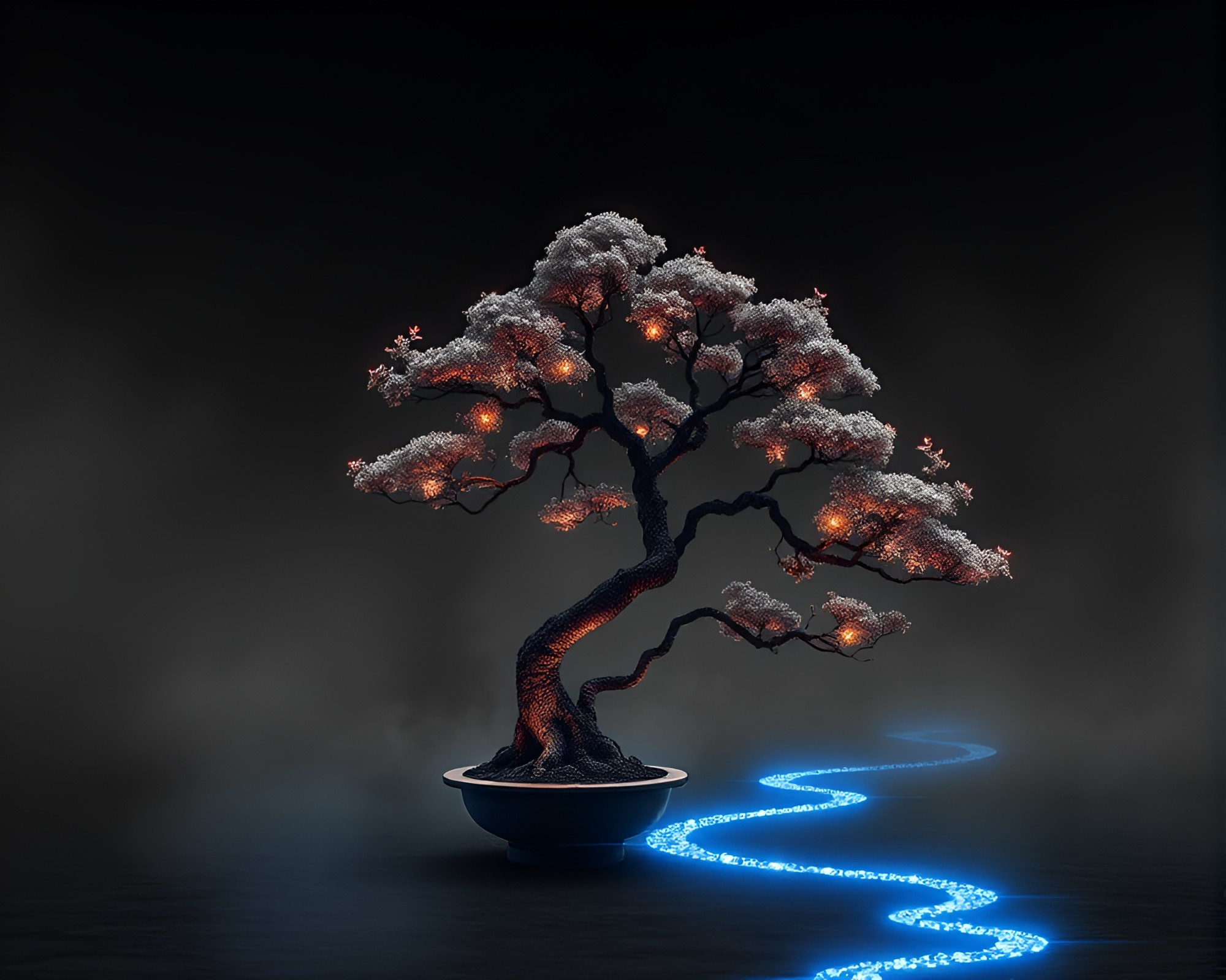 Bonsai Tree Glowing in Monochrome Blue Embers – free AI stock image