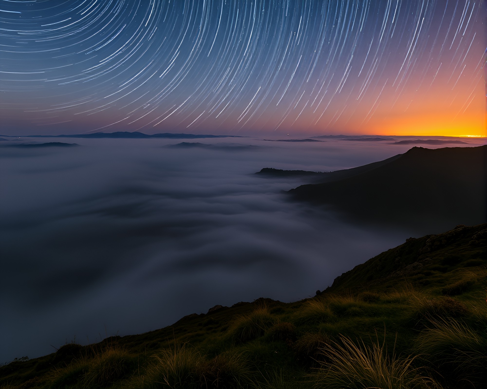 Quantum Star Trails at Blue Dawn Mist – free AI stock image