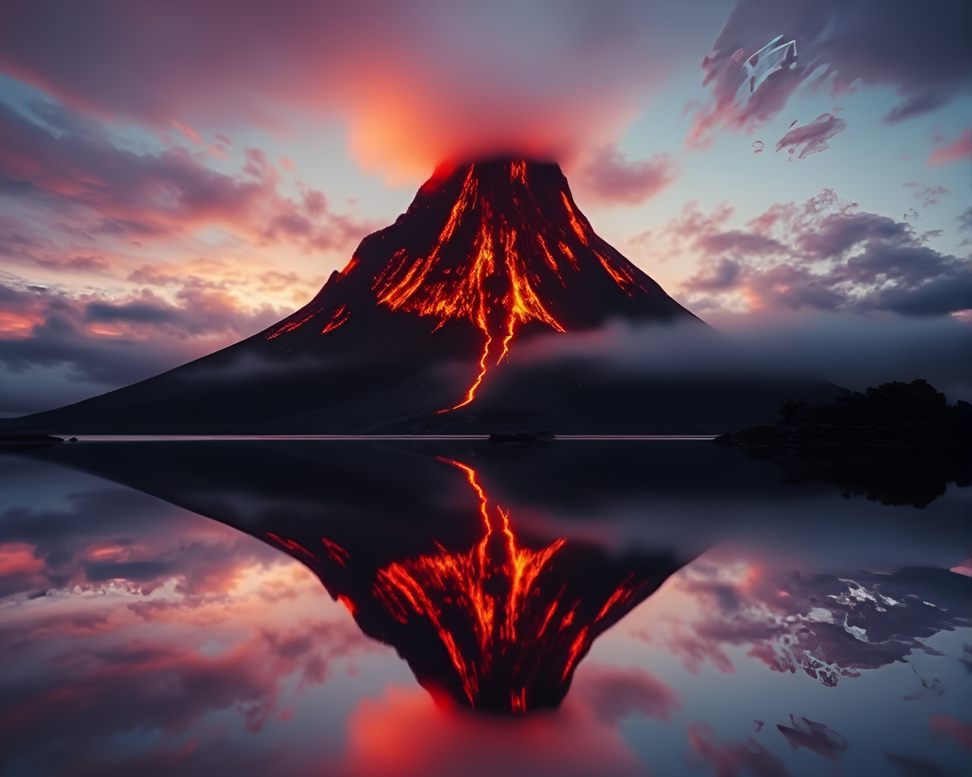 Surreal Volcanic Island Double Reflection – free AI stock image