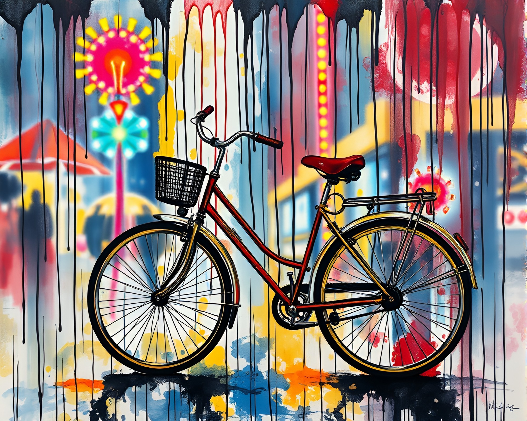 Whimsical Bicycle Carnival Lights Ink Wash Acrylic Art – free AI stock image