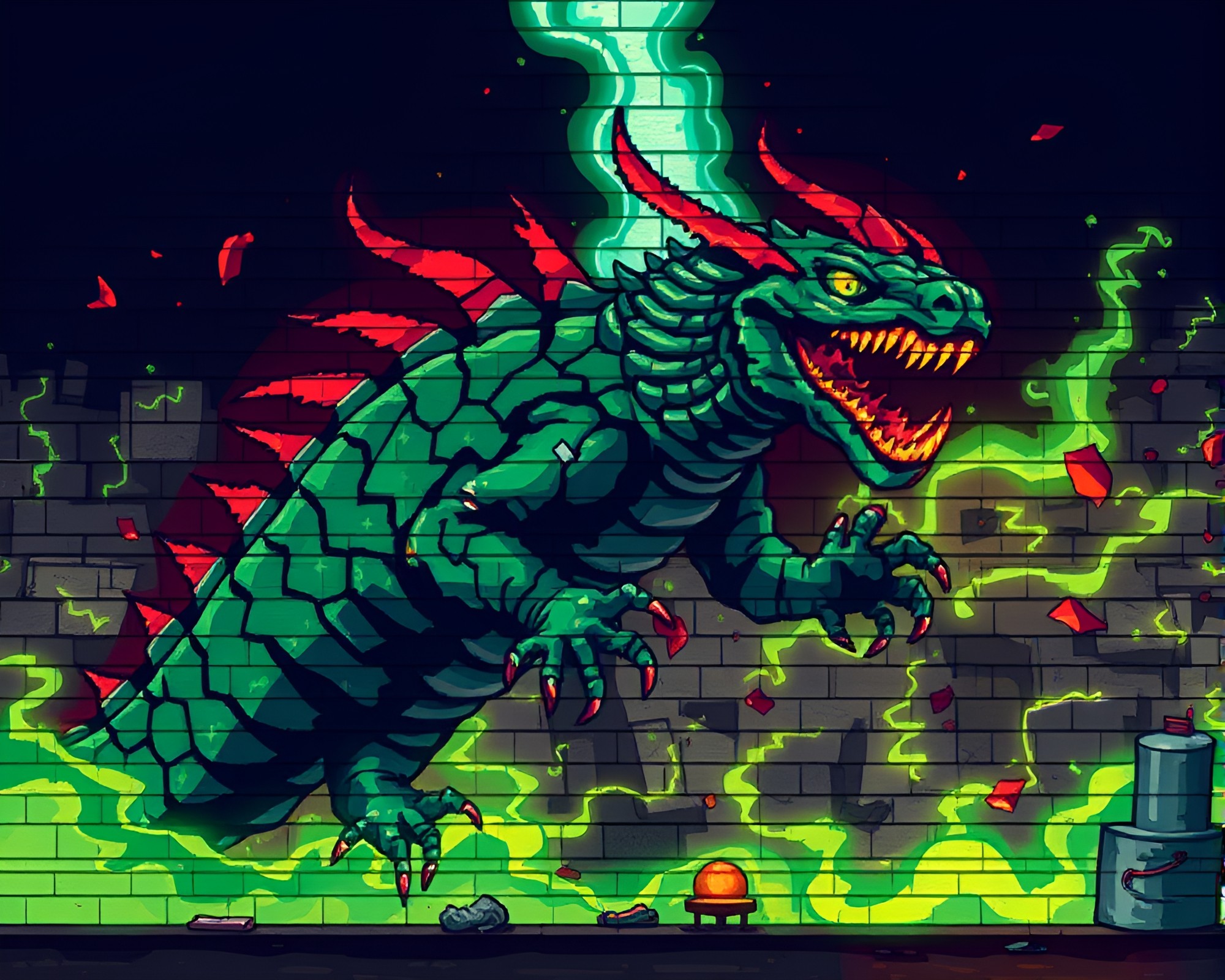 Fantasy Basilisk Mural with Pixelated Lighting – free AI stock image