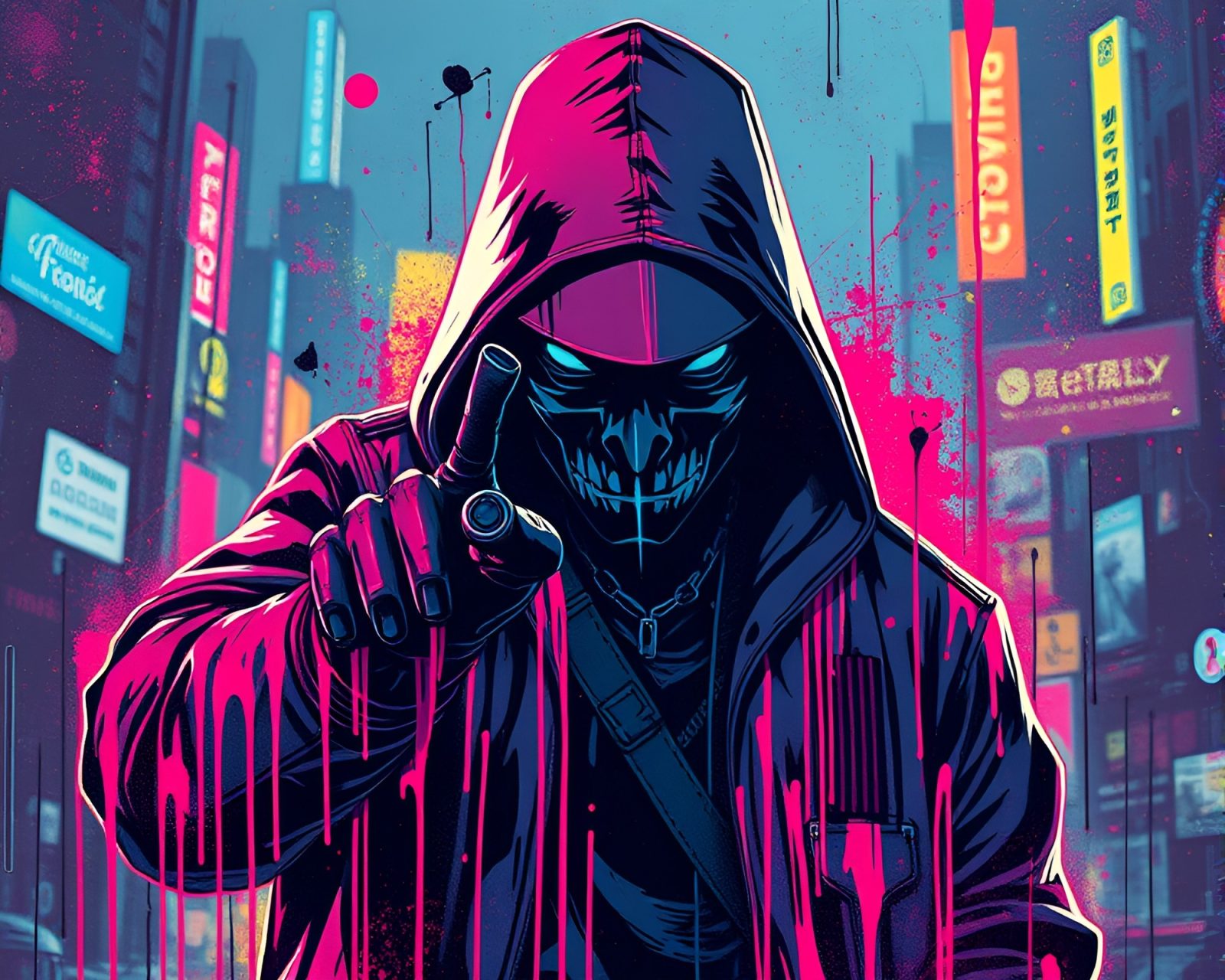 Mysterious figure with neon drippaint in futuristic retro cityscape