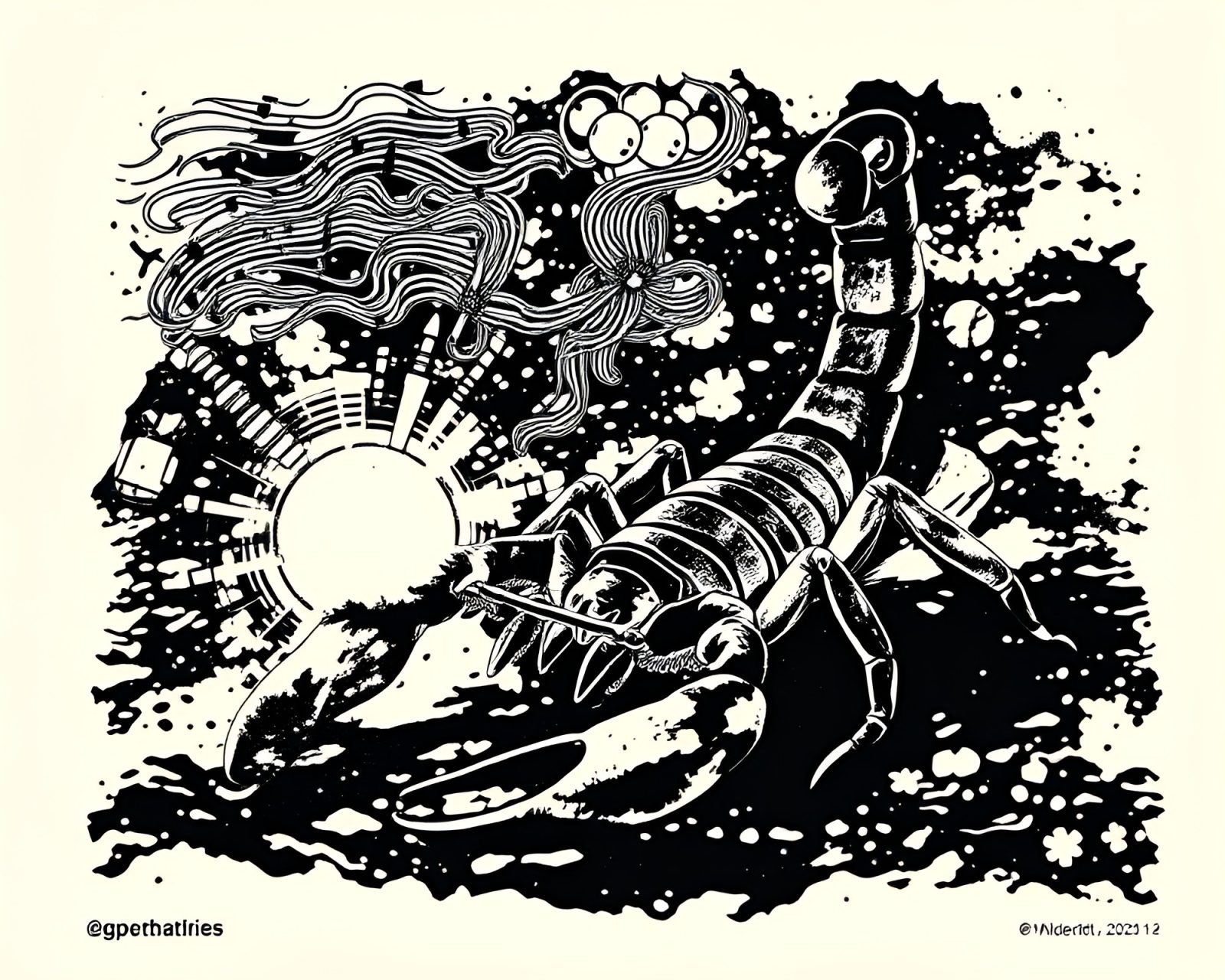 Wireframe scorpion design glowing under bright midday sun