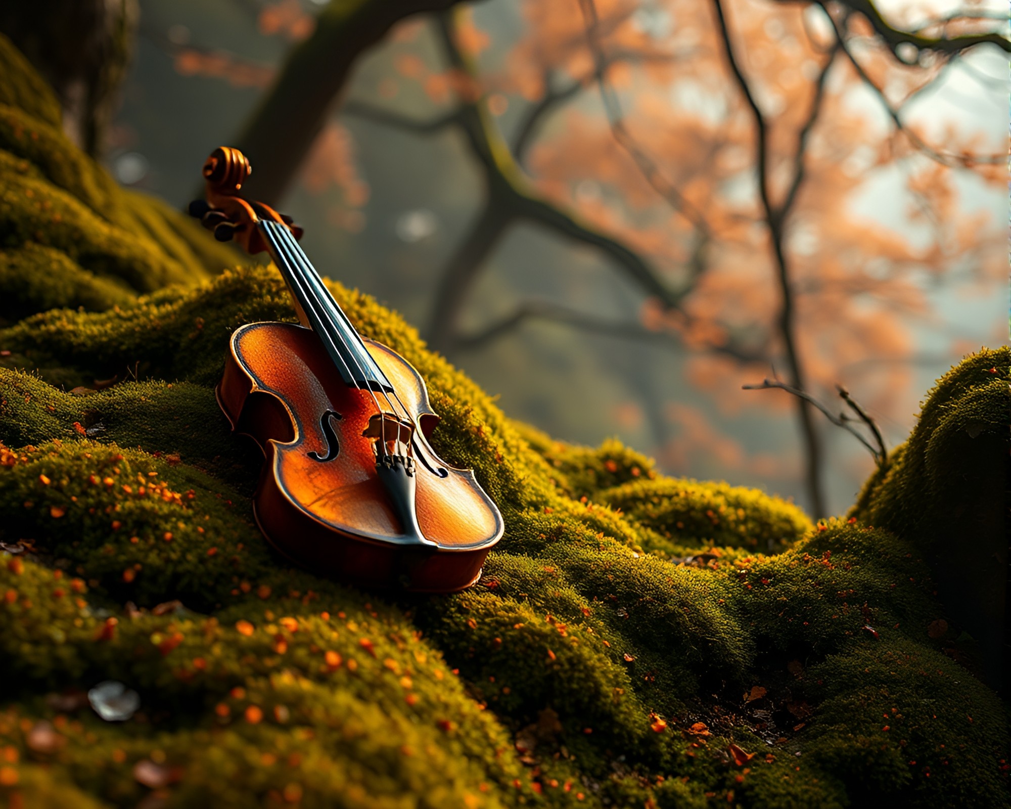 Moss-covered violin in utopian burnt orange world – free AI stock image