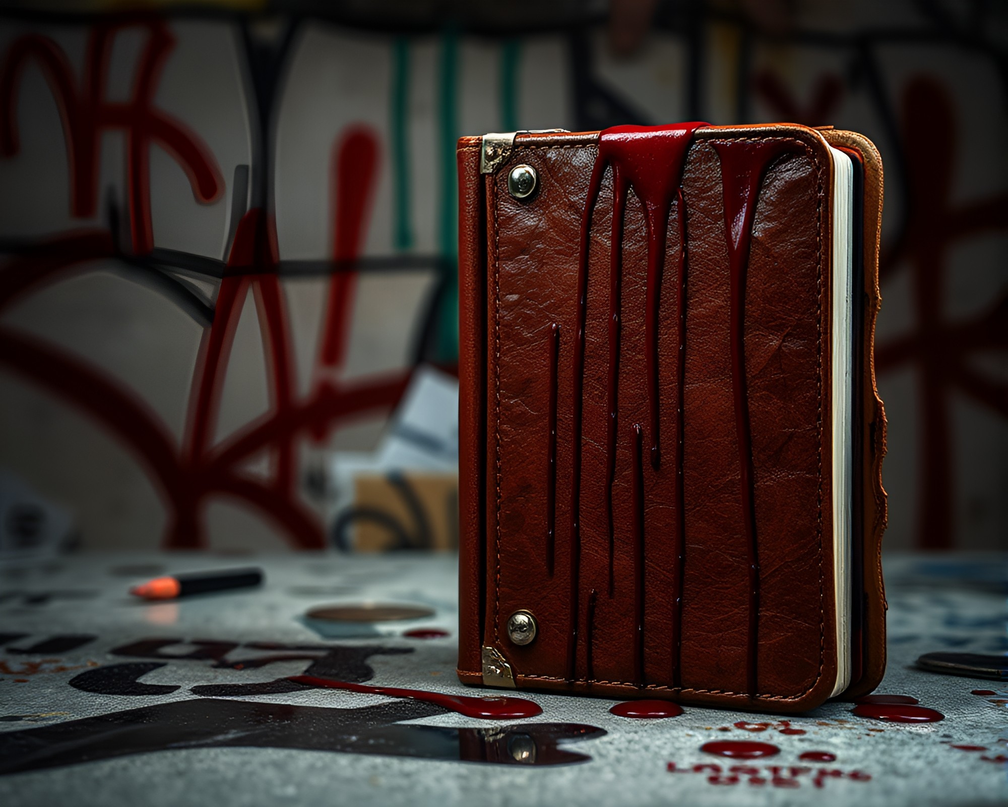 Graffiti-Dripped Leather Diary Spotlight – free AI stock image