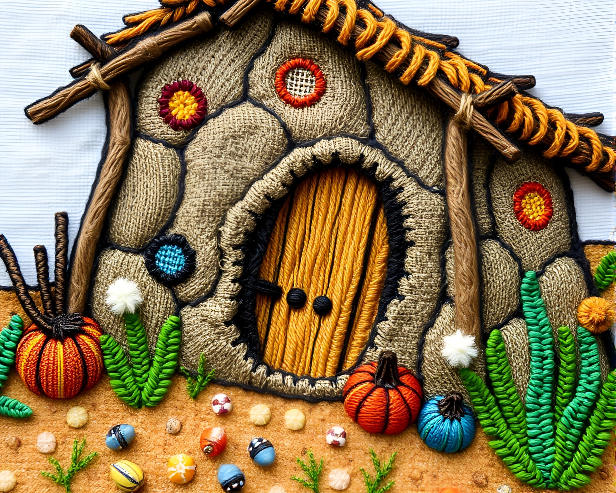 Embroidered Mud Hut Adventure in Analagous Colors – free AI stock image