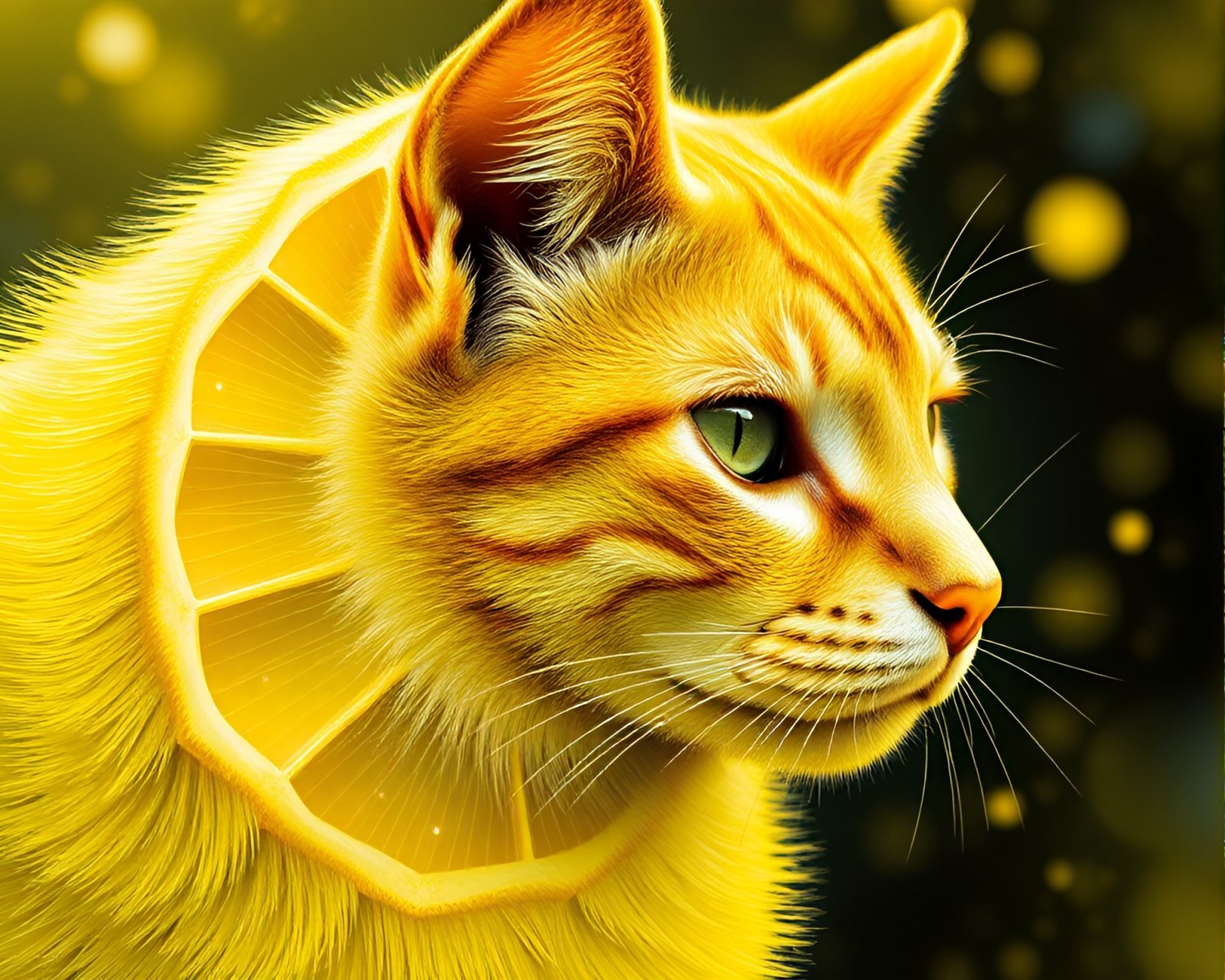 Vibrant holographic animal amidst yellow spiral patterns in pointillism style