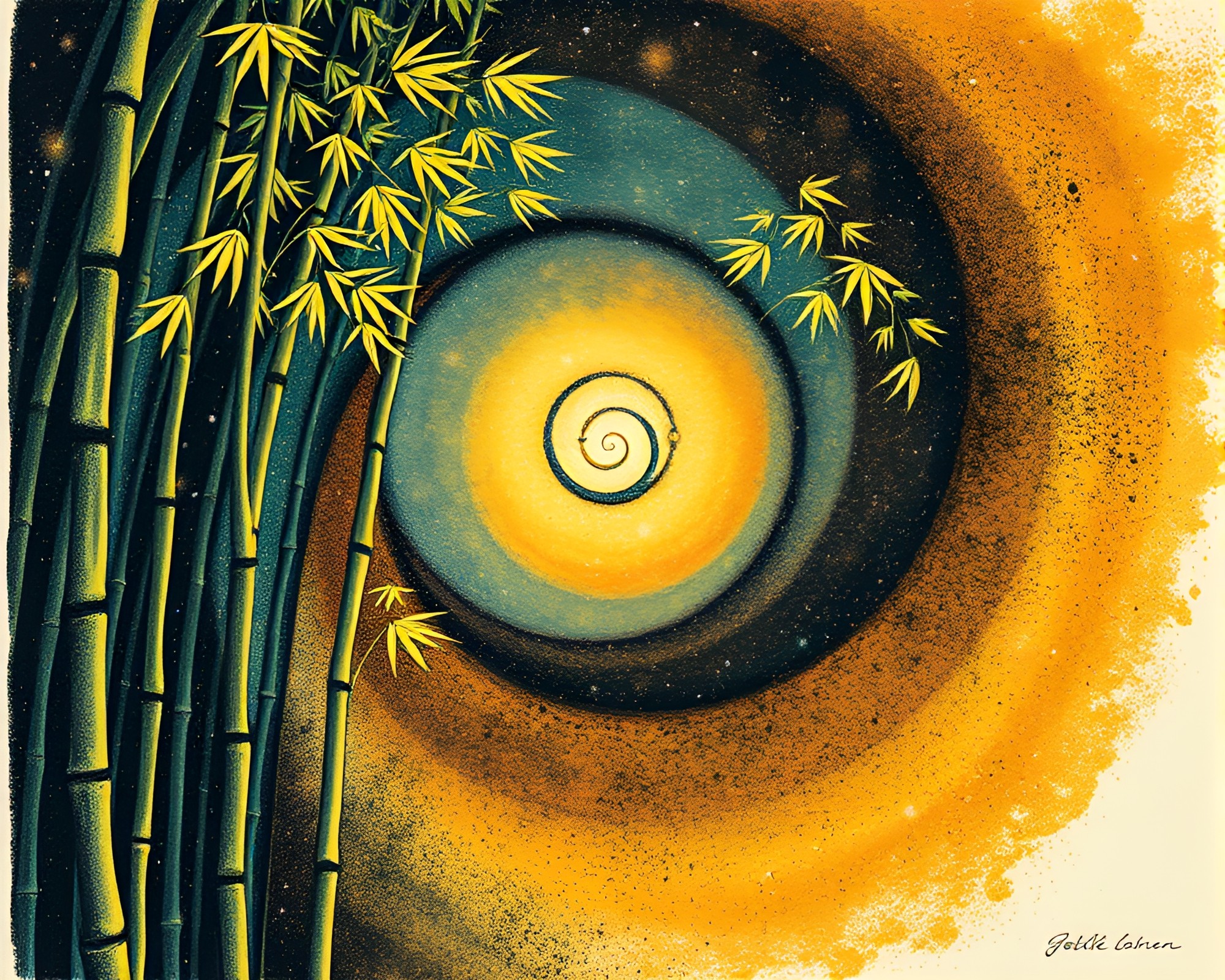 Bamboo Grove Fibonacci Spiral Cosmic Dust Screen Print – free AI stock image
