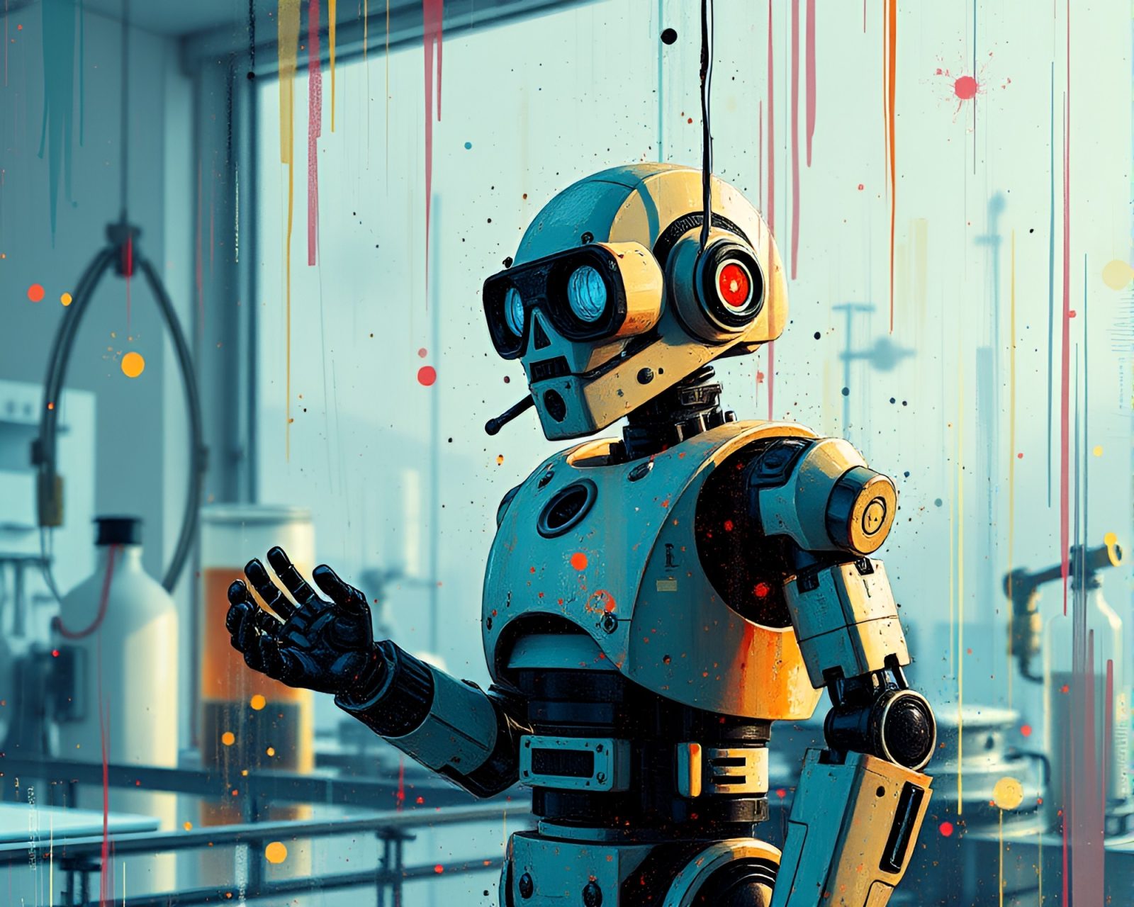 Abstract robotic laboratory with soft shadows and glitch effects