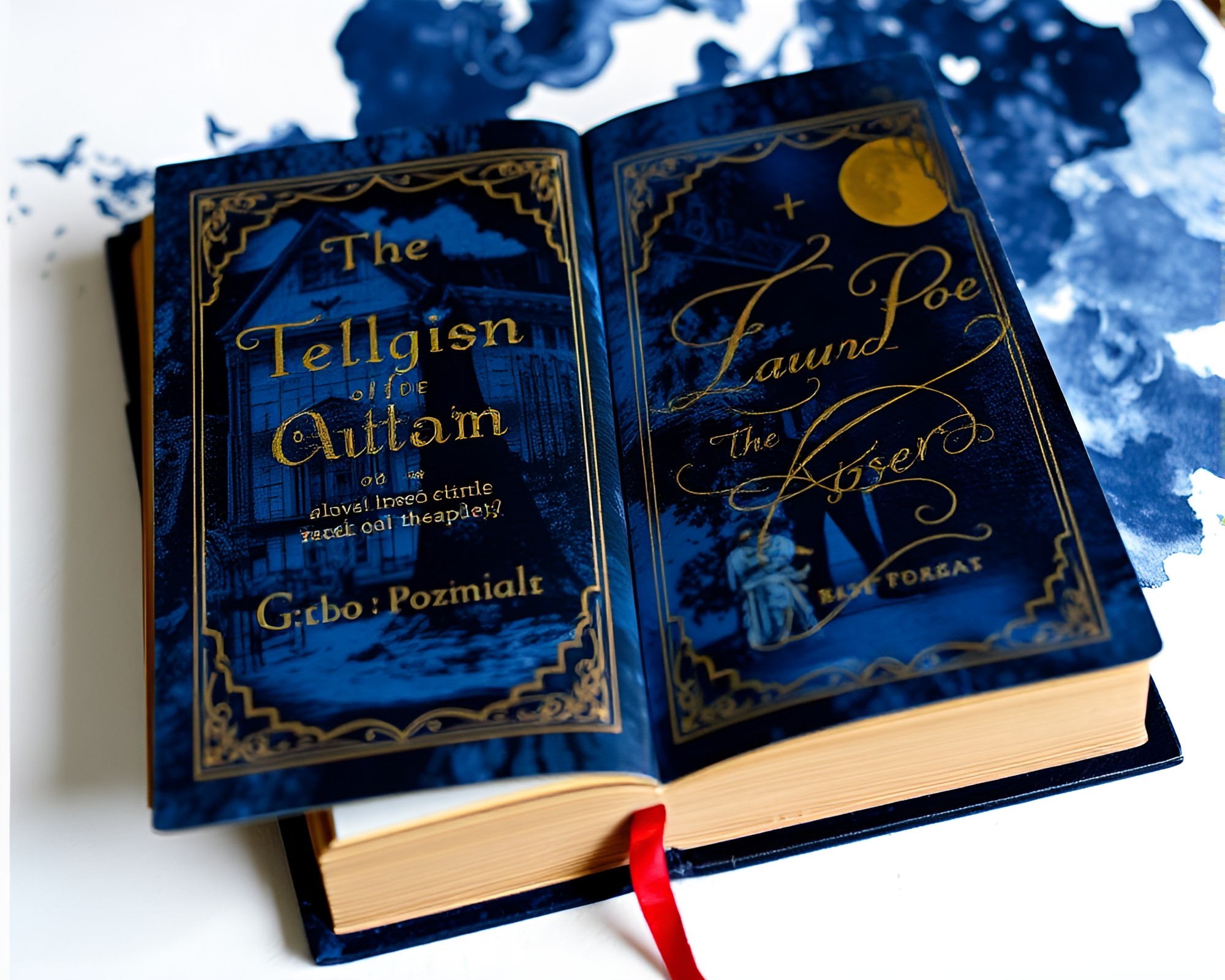 Enigmatic Edgar Allan Poe Book Collage with Foil Stamping – free AI stock image