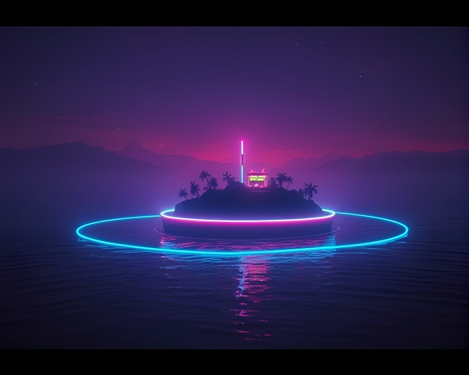 Glowing neon tubes highlight floating island with vintage film border