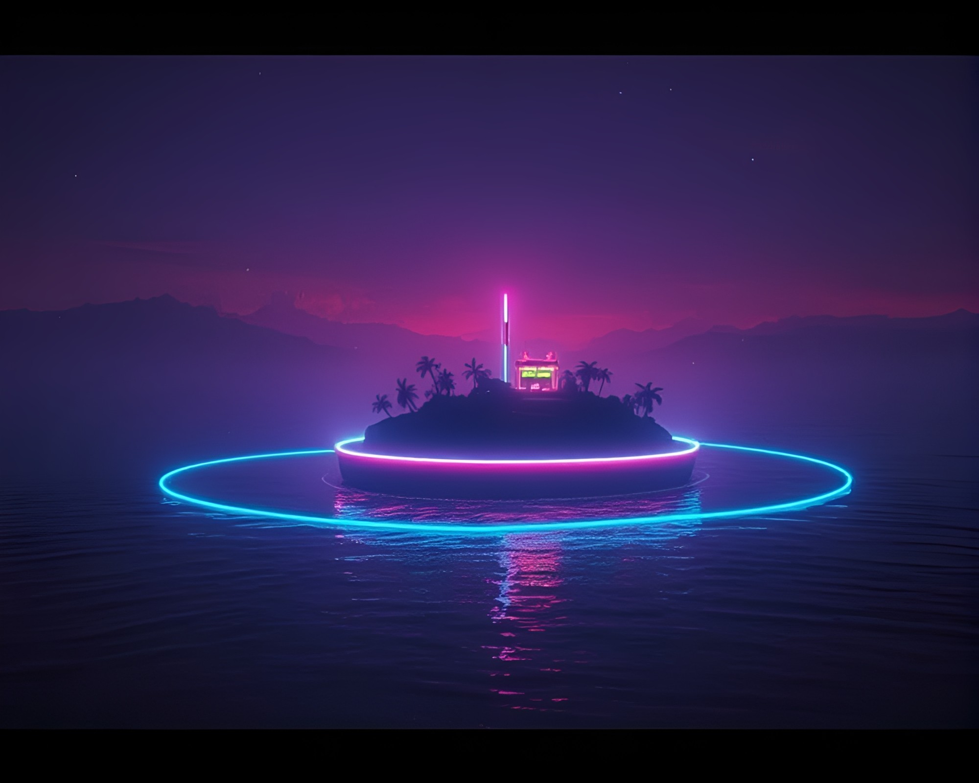 Neon Tubing Illuminating Floating Island in Grainy Film Style – free AI stock image