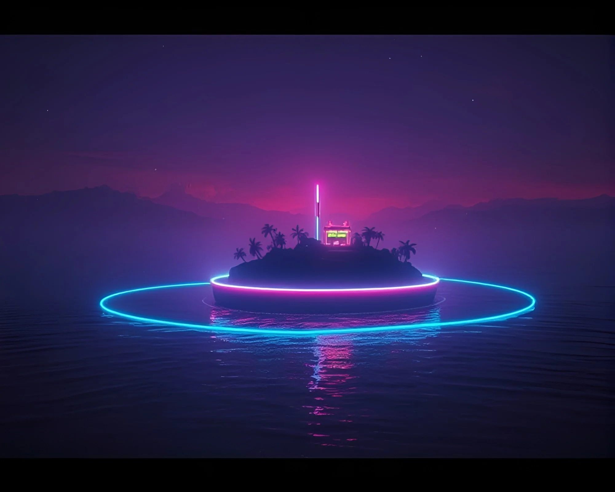 Neon Tubing Illuminating Floating Island in Grainy Film Style