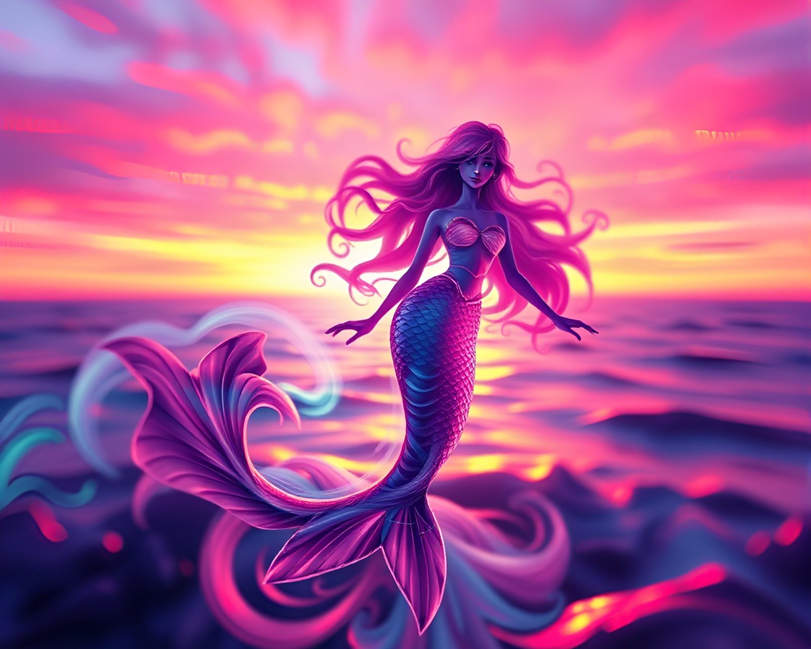Voxel art of mermaid in lens-distorted sunset glow