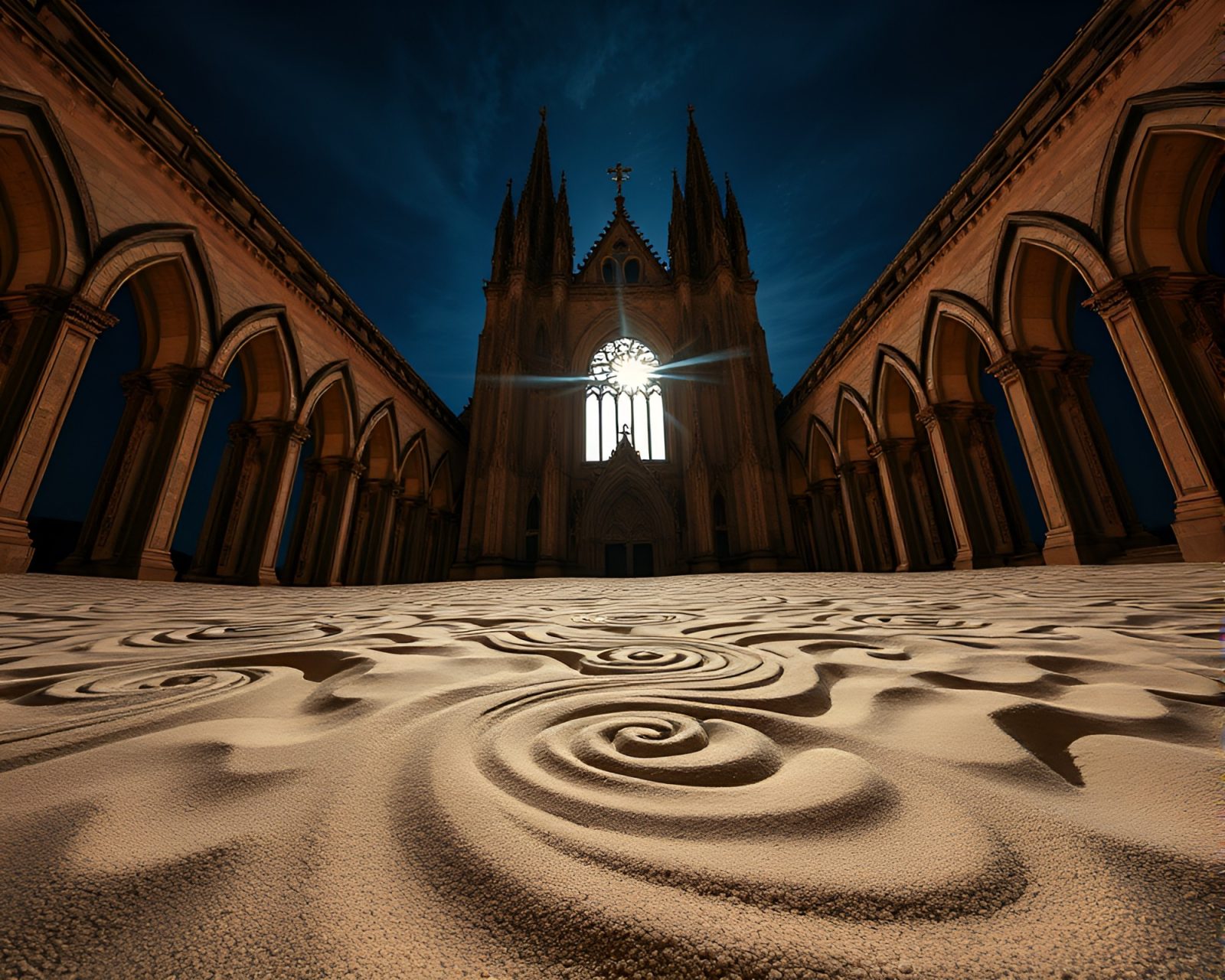 An ethereal composition of sand swirl pattern in a gothic cathedral under moonlight