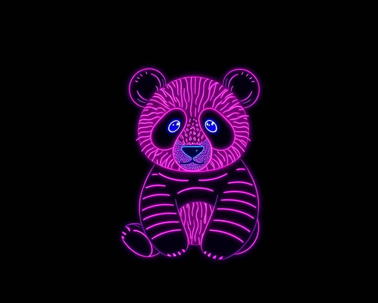 Vibrant striped panda outlined in neon on chalkboard