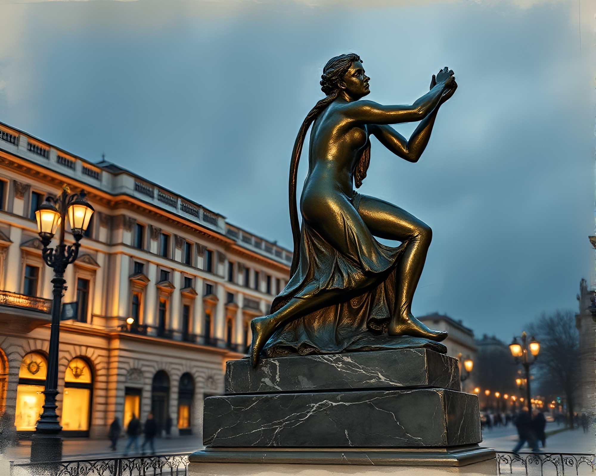 Bronze Patina Marble Sculpture amidst City Lights – free AI stock image