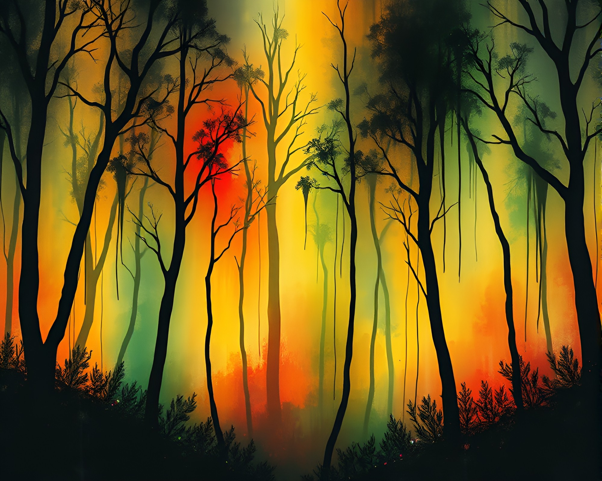 Bioluminescent Forest Glitch Colors Ink Wash Drips – free AI stock image
