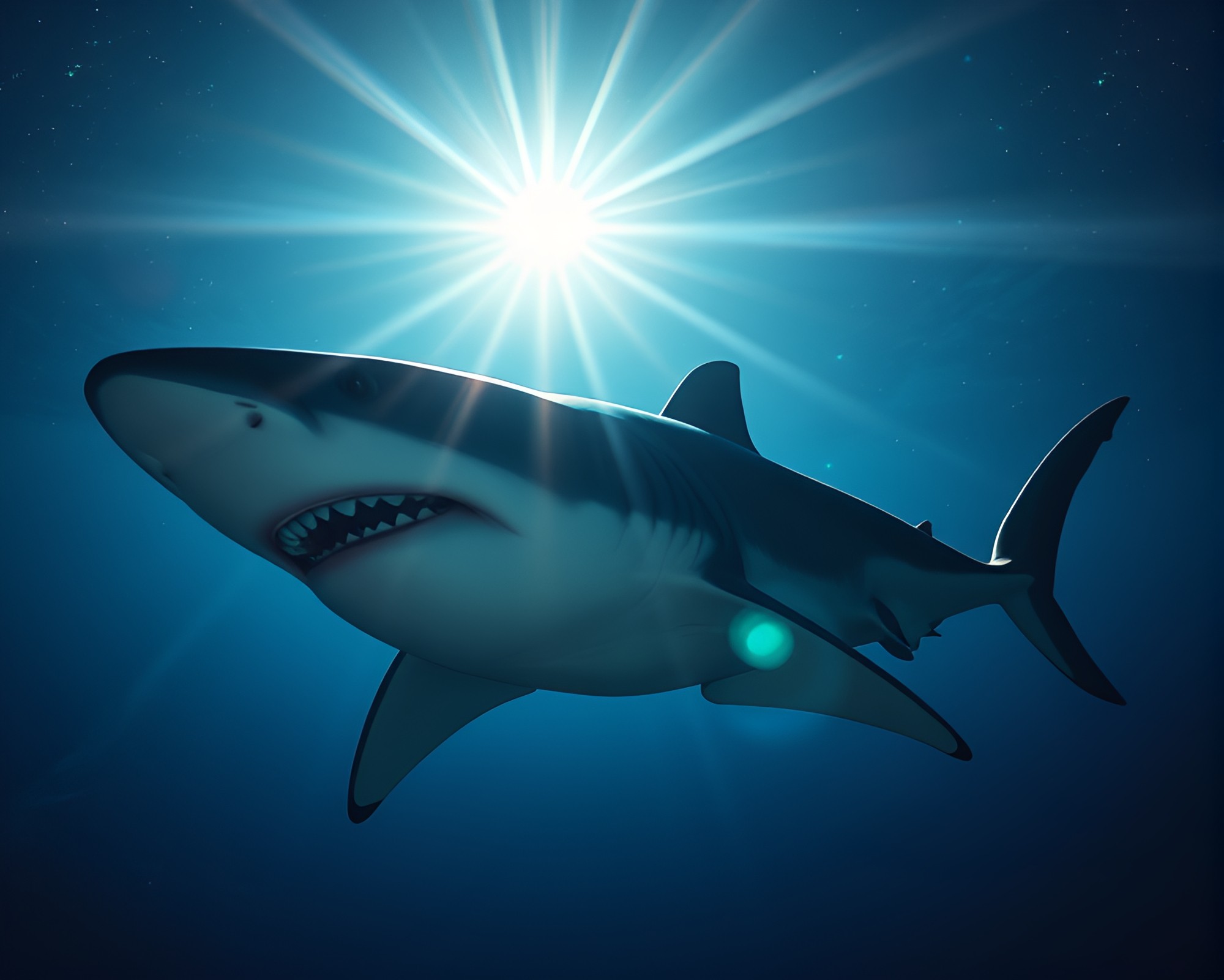 Shark swimming under starlit sky with lens flare – free AI stock image