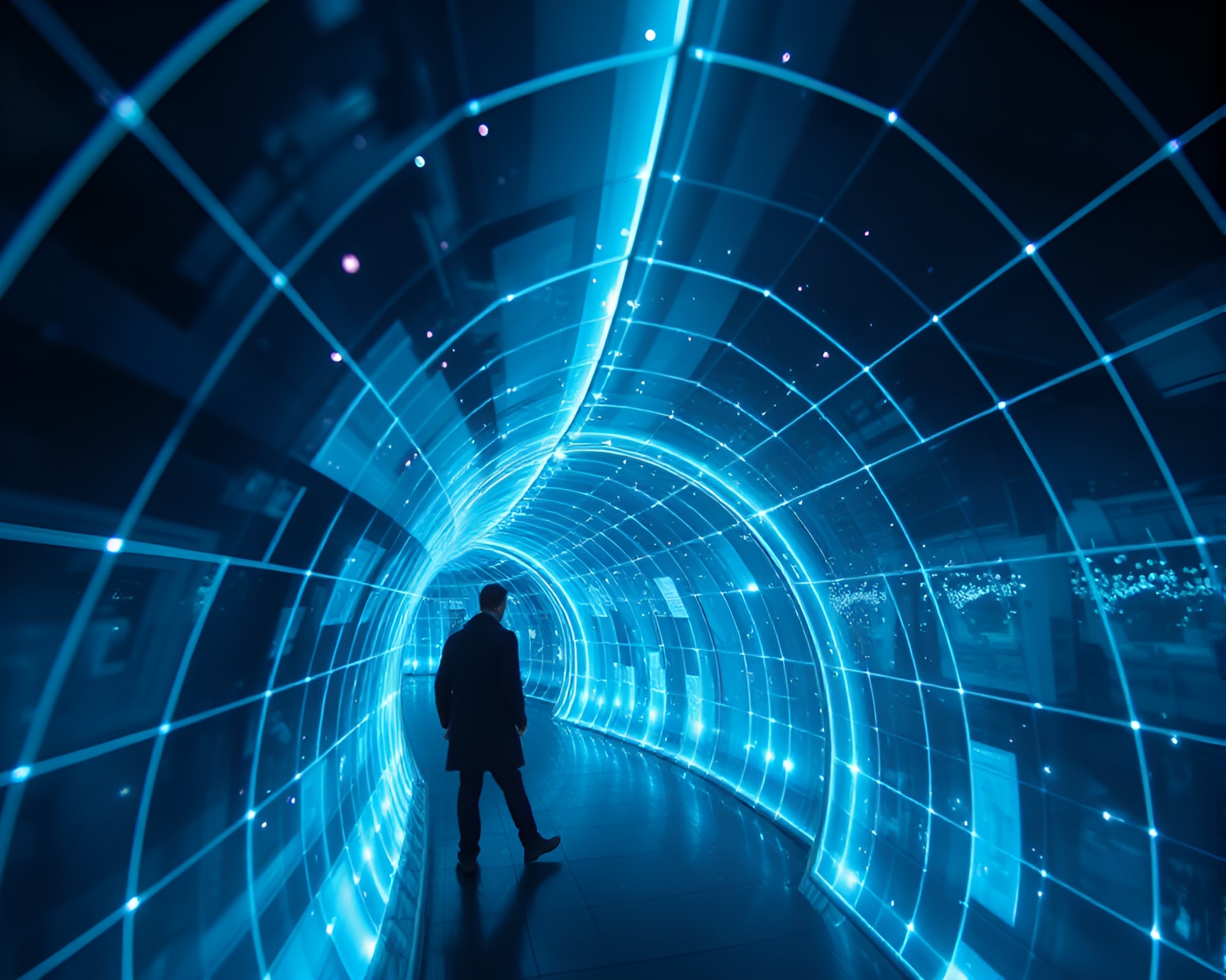 Phosphorescent Glass Tunnel Grid Overlay – free AI stock image