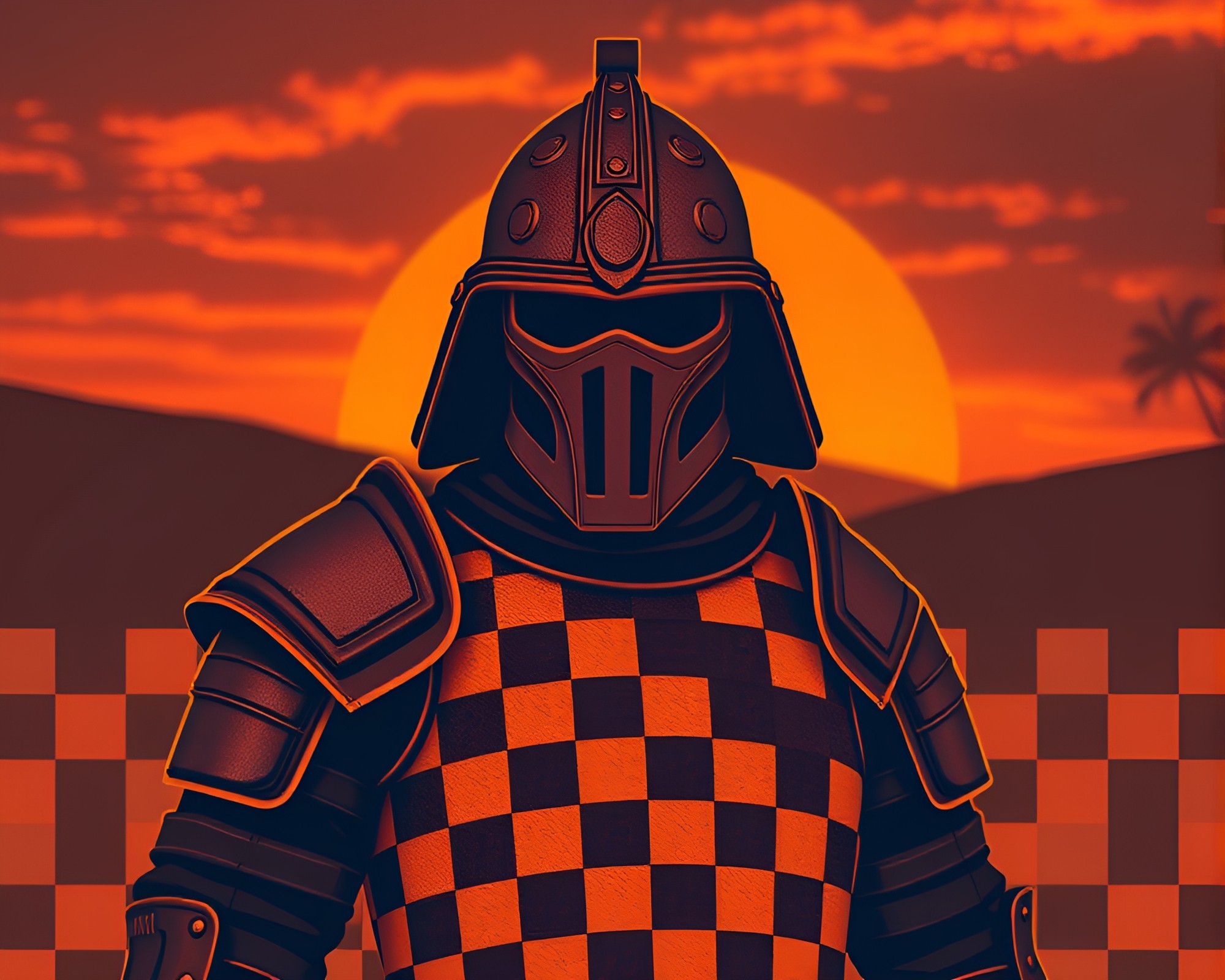 Checkered Armor in Sunset Glow – free AI stock image