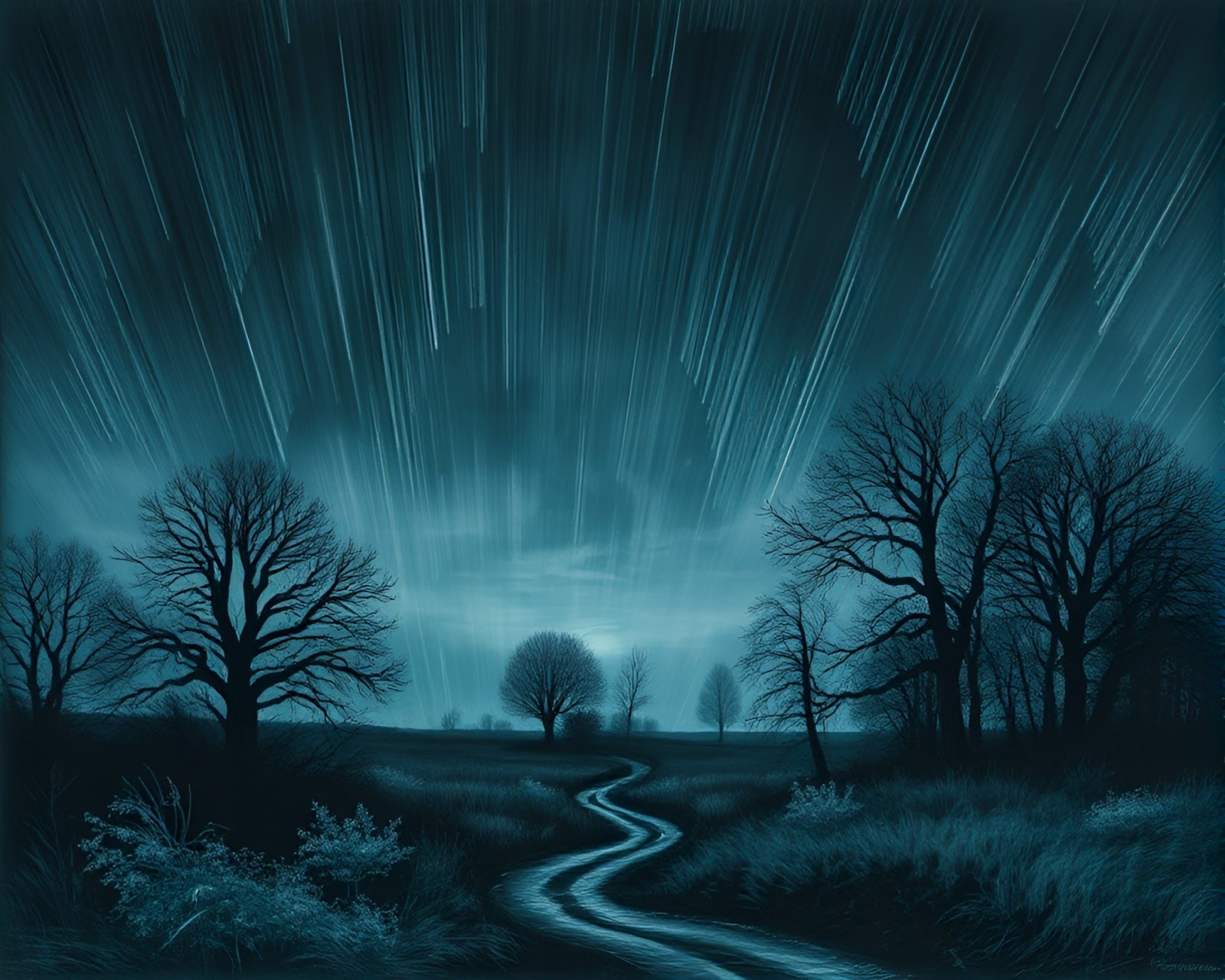 Dutch angle view of vampire under streaking light in etched landscape