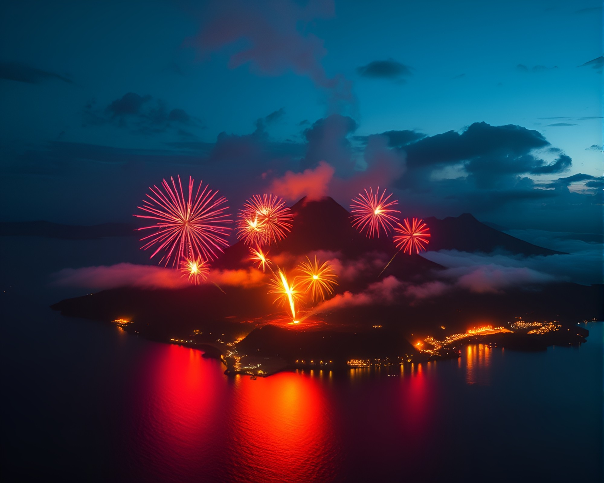 Majestic Volcanic Island Celebration with Fireworks Display – free AI stock image