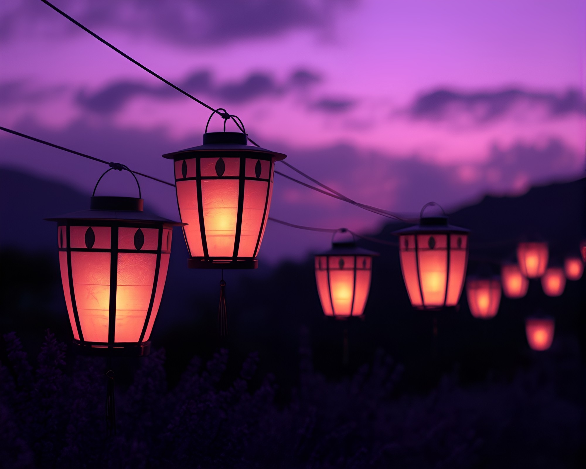Lavender Twilight with Floating Lanterns and Charcoal Strokes – free AI stock image