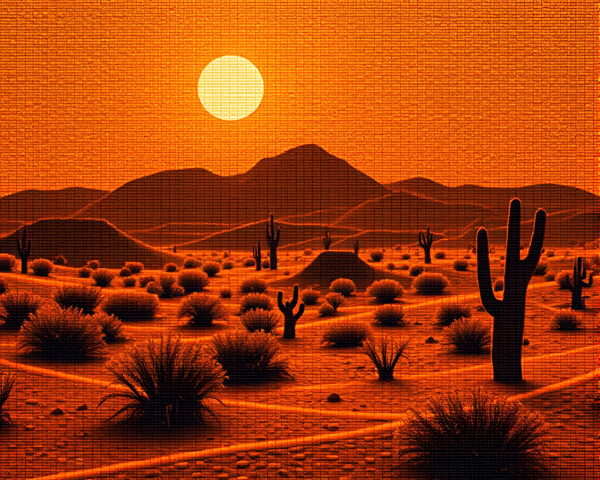 Bronze Desert Mirage: LED Pixel Landscape Etching – free AI stock image