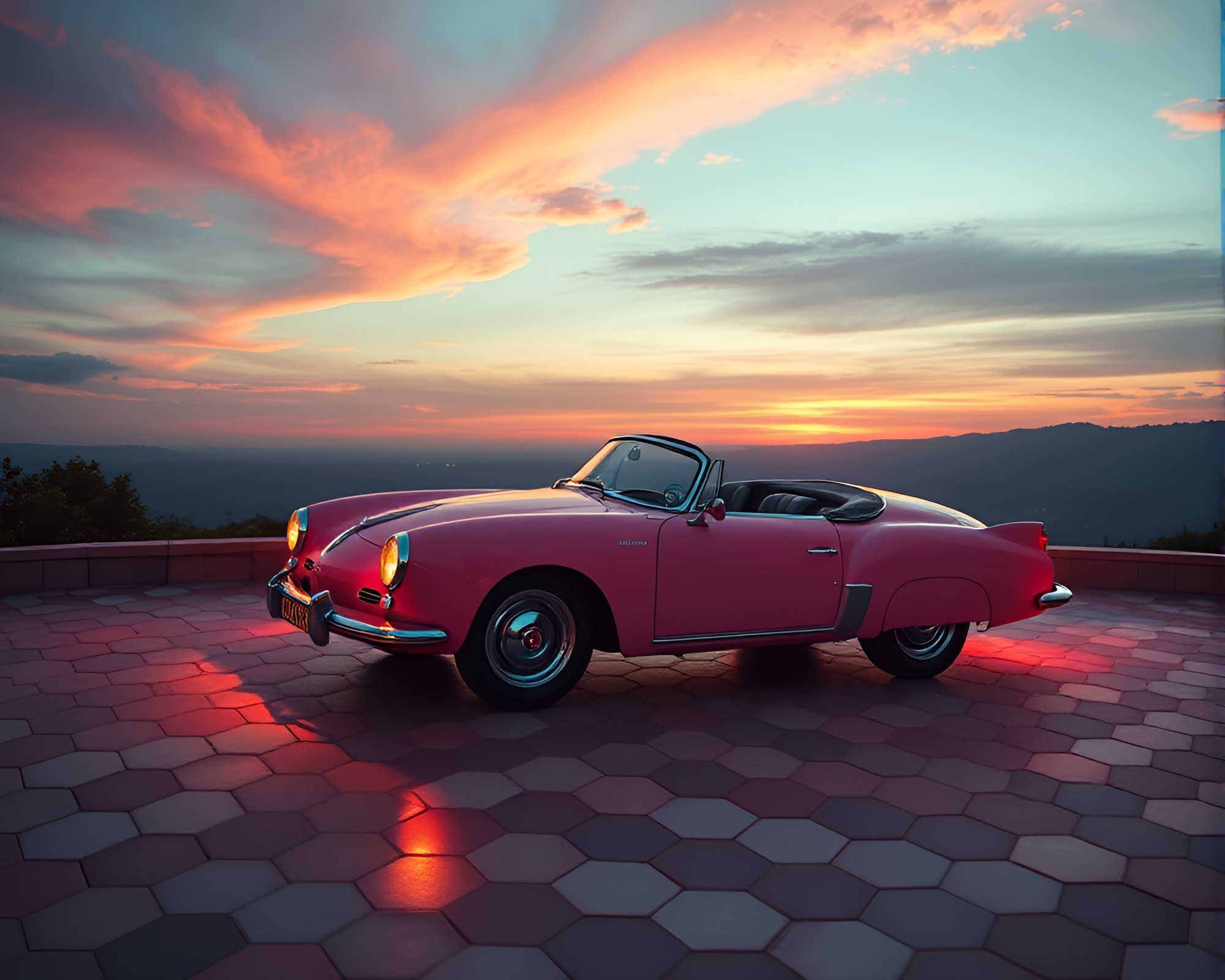 Sunrise Pink Flying Car Amid Hexagonal Tiling Composition – free AI stock image
