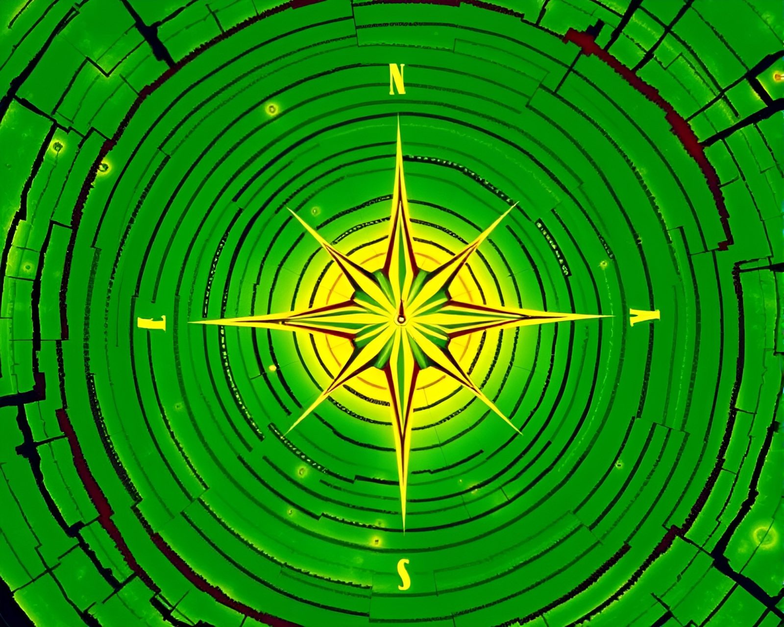Thermal image of compass embedded in tree ring pattern