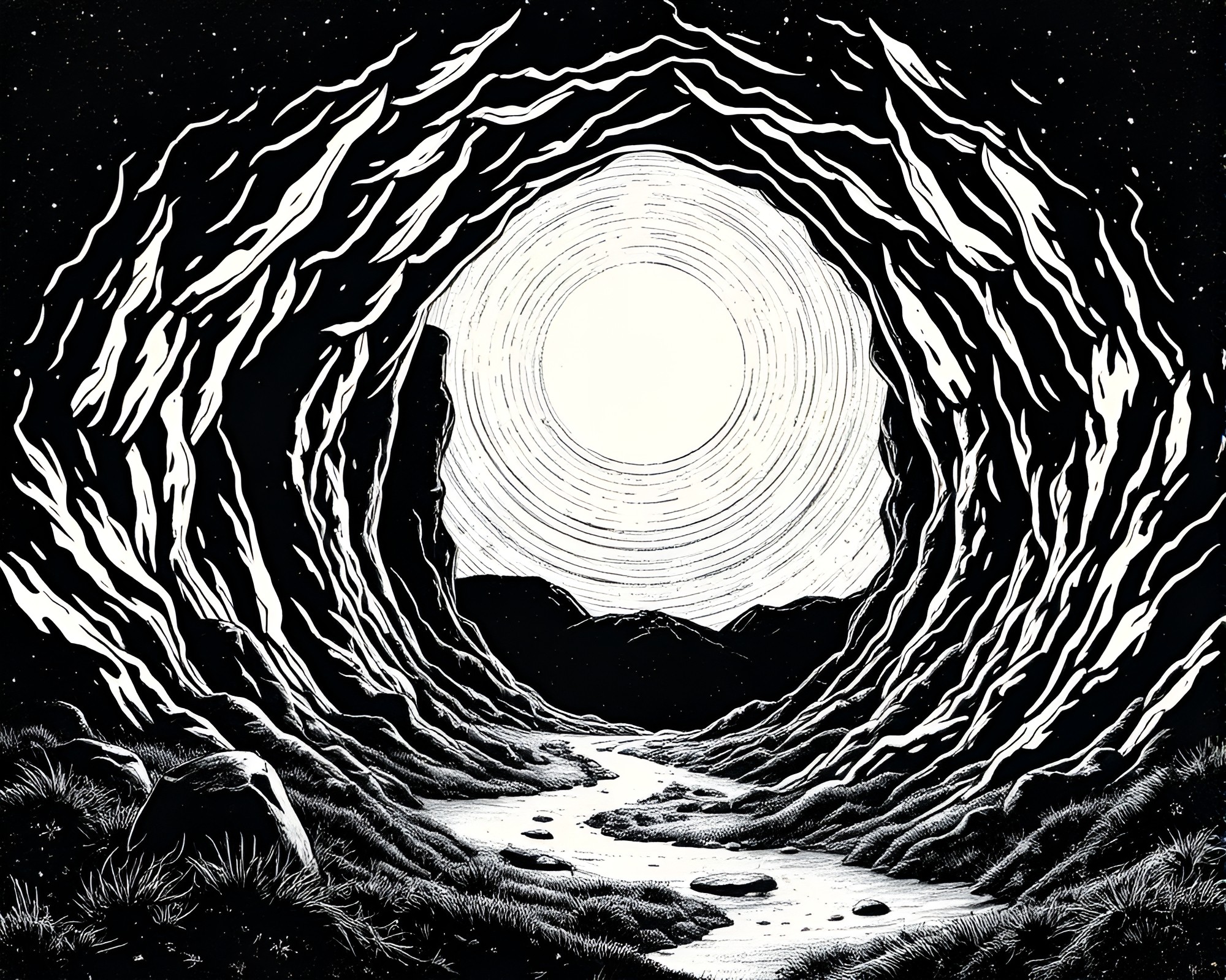 Exploring Wormhole Generator Through Linocut Textures – free AI stock image