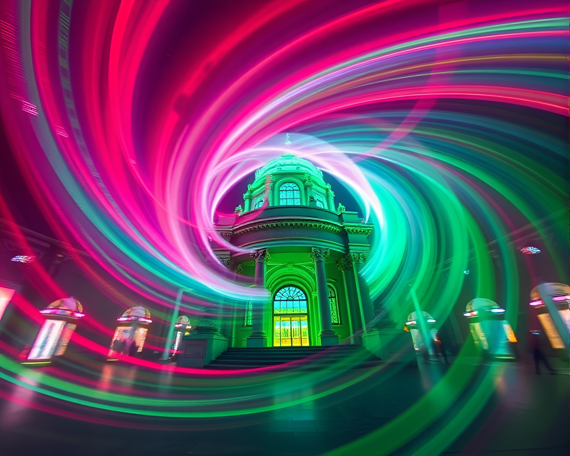 Swirling Neon Elf City Architectural Concept – free AI stock image