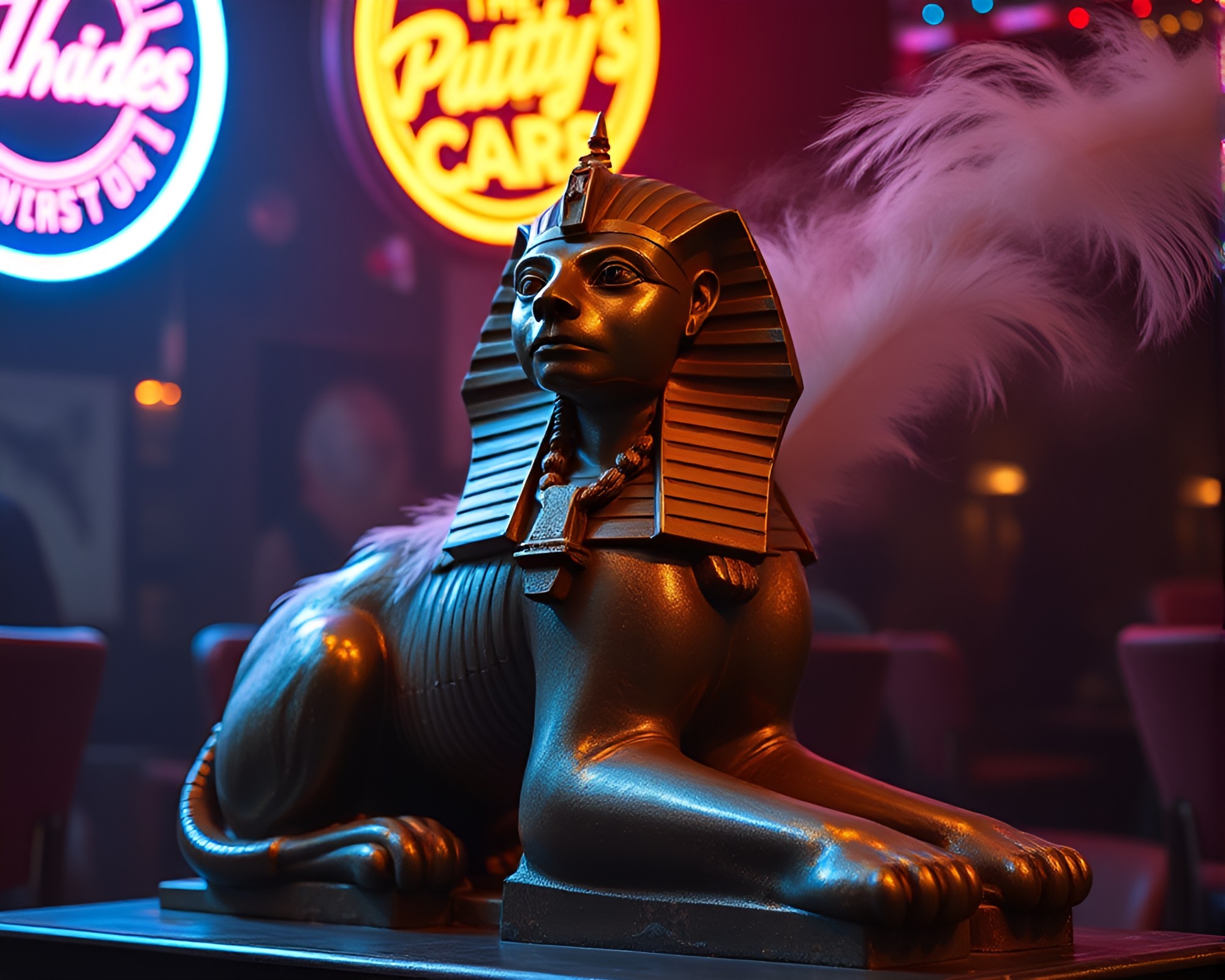 Feather Dusting Sphinx Statue Under Neon Strobe Lights – free AI stock image