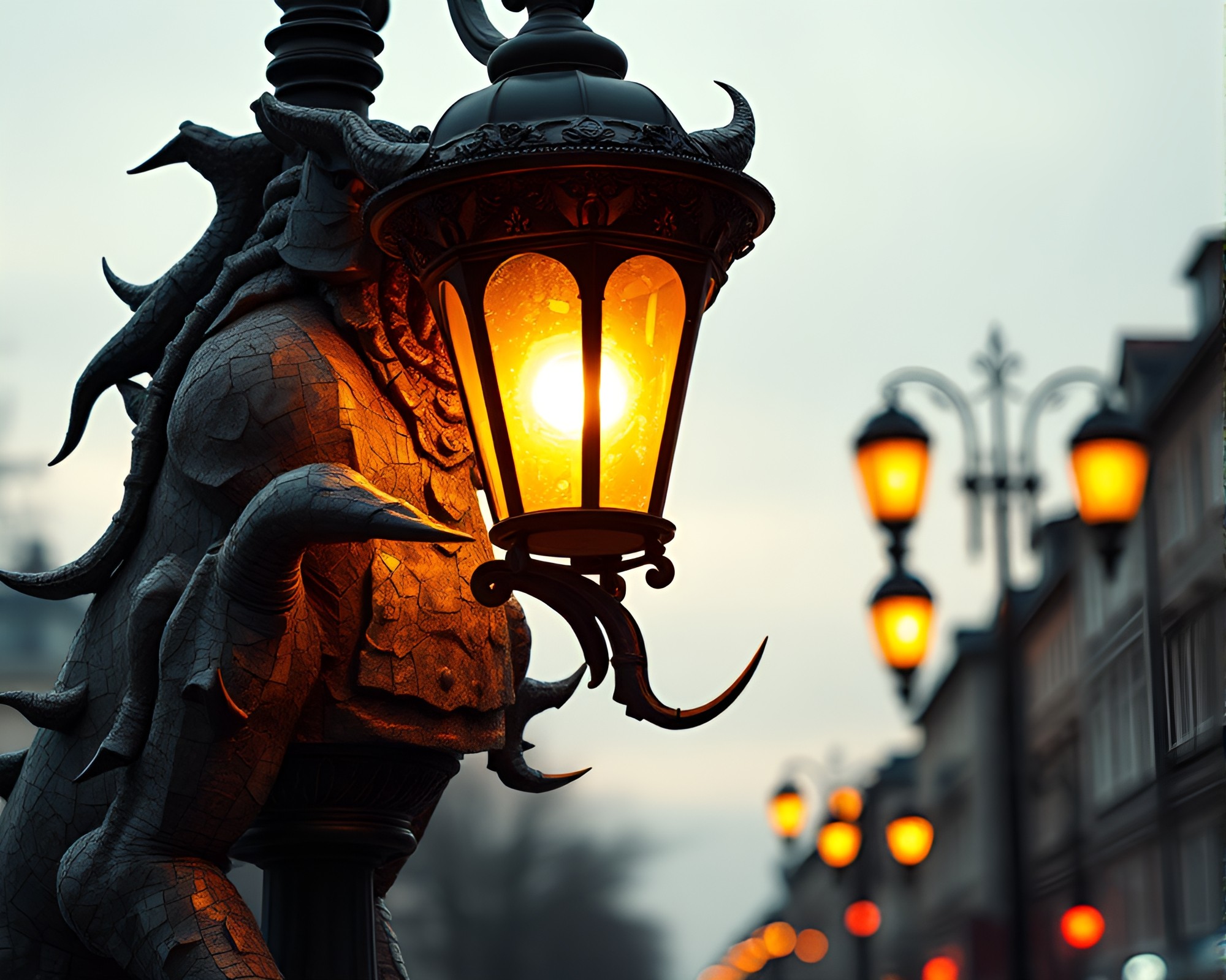 Fragmented Cerberus Under Streetlamp Glow – free AI stock image