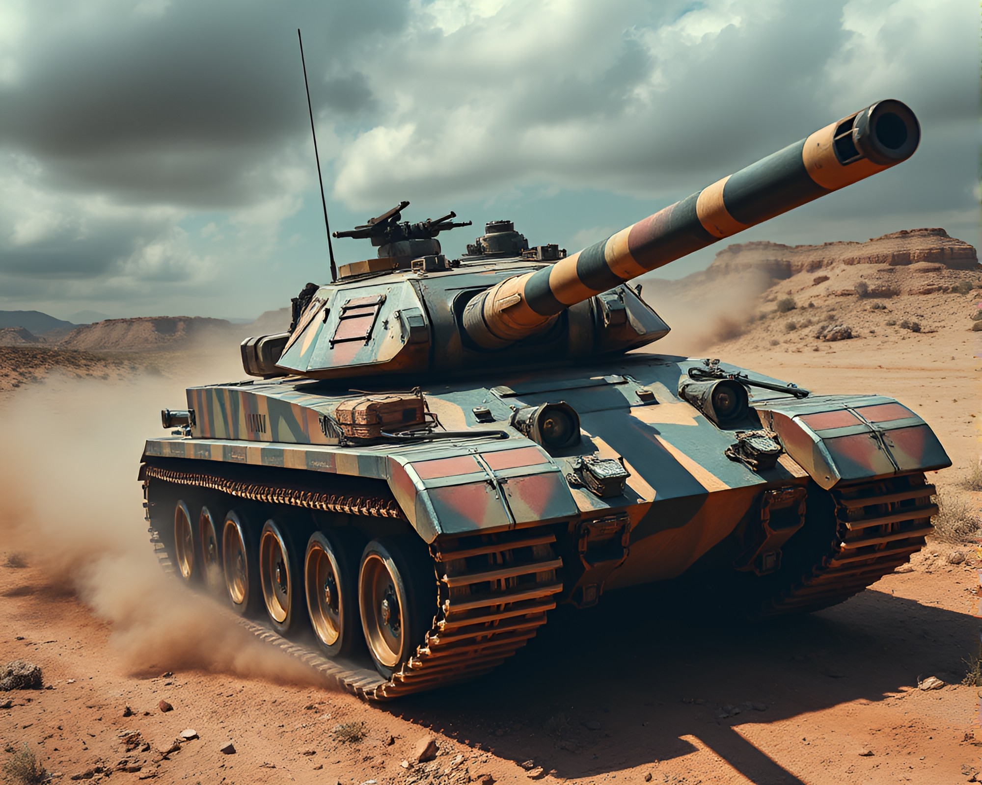 Hyper-saturated armored tank in wide-angle composition – free AI stock image
