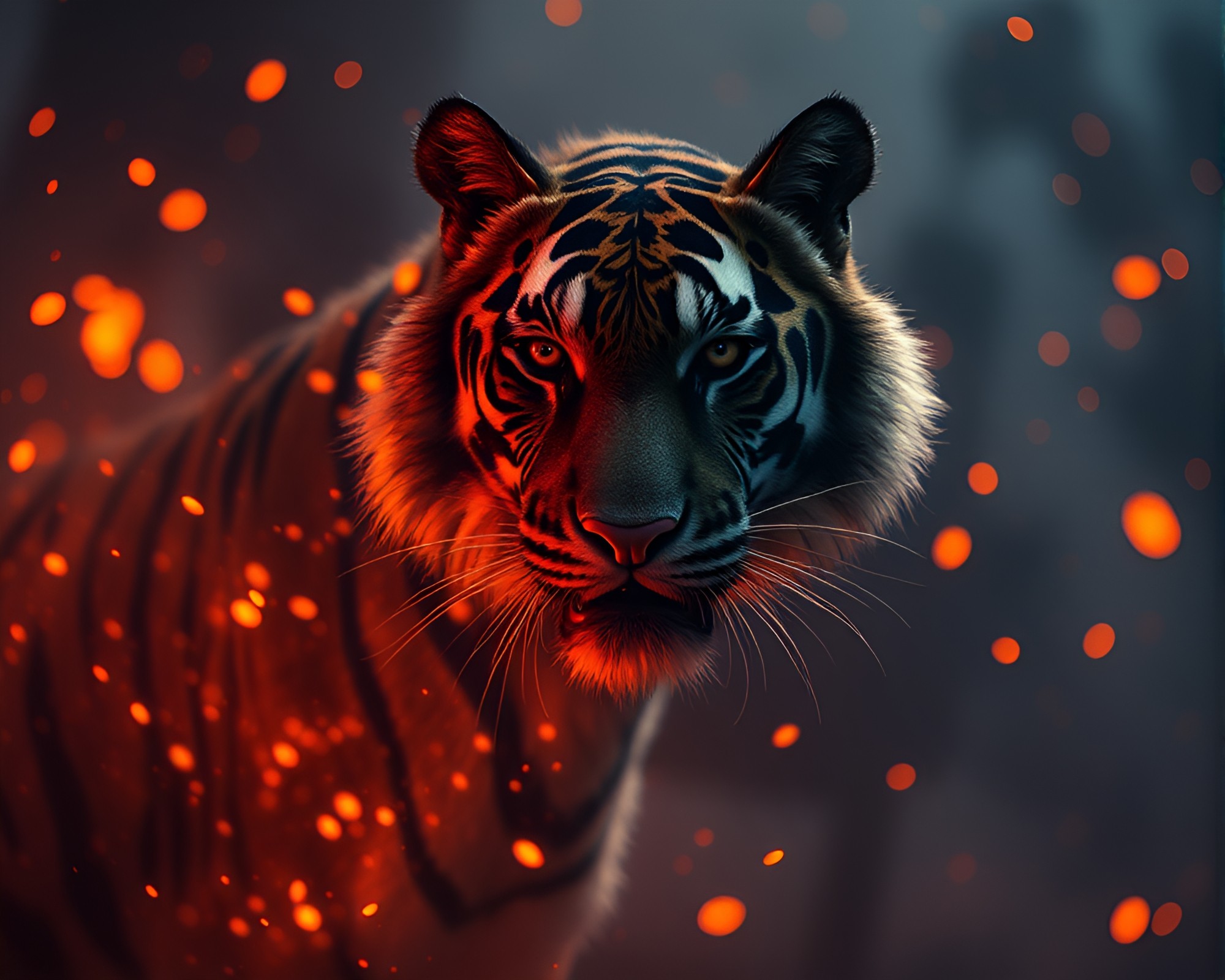 Tiger amidst Floating Embers in Dystopian Shadows – free AI stock image