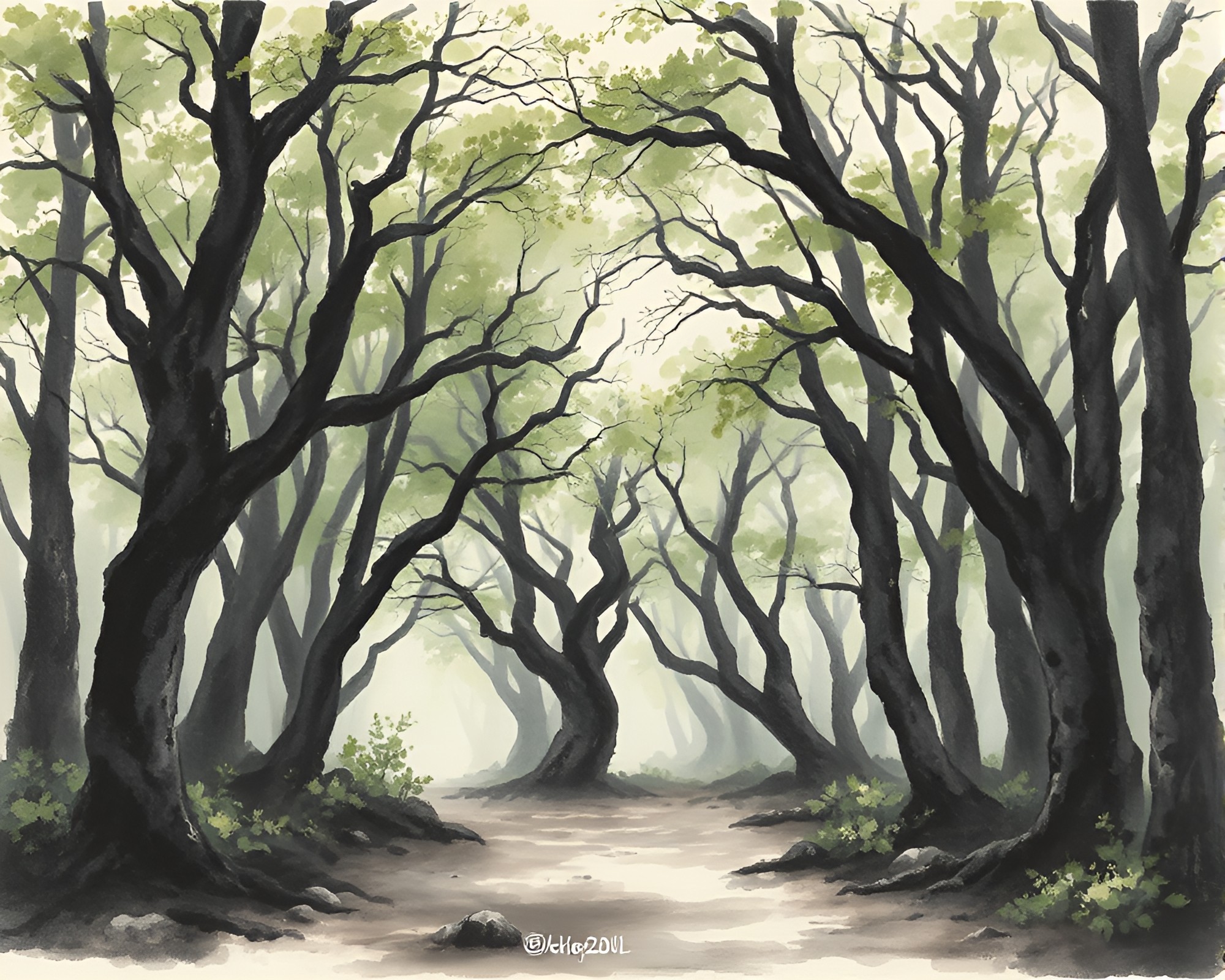 Enchanted Ancient Grove with Sumi-e Brushwork Medium Shot – free AI stock image