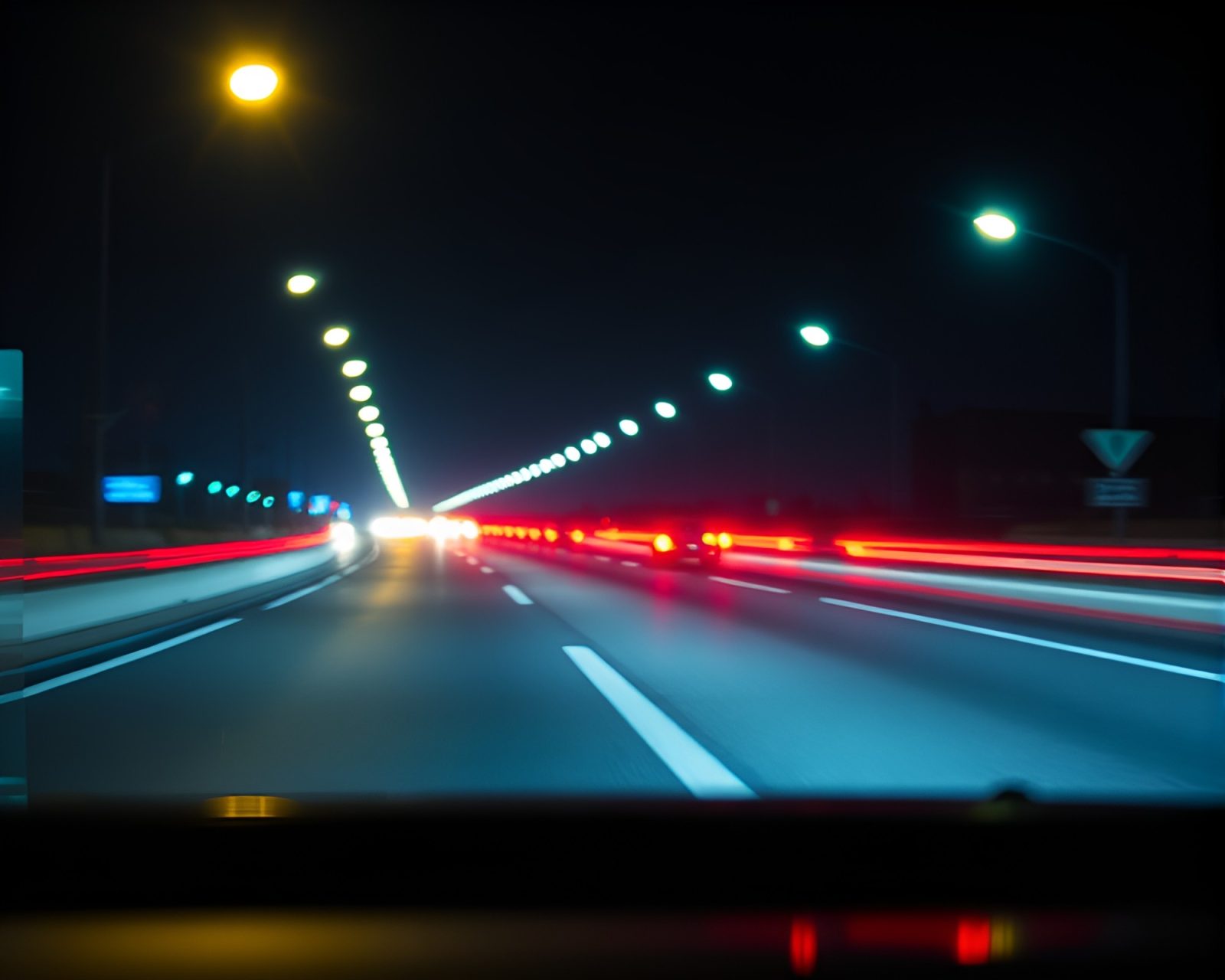 16-bit style penguin walking among vibrant car light trails
