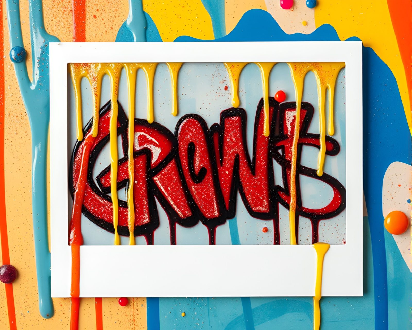 Colorful graffiti drips on baguette under stardust sky