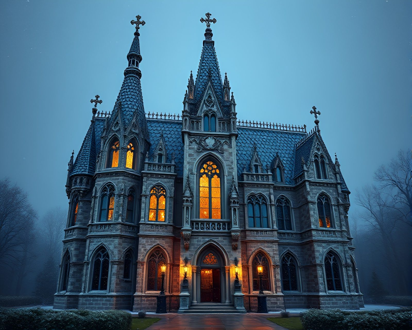 Neo-gothic mansion in shimmering matte mosaic tiling
