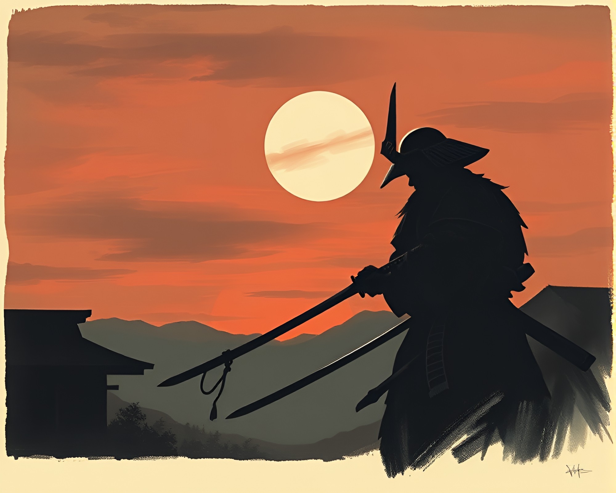 Samurai Warrior at Dusk Lithography Artwork – free AI stock image